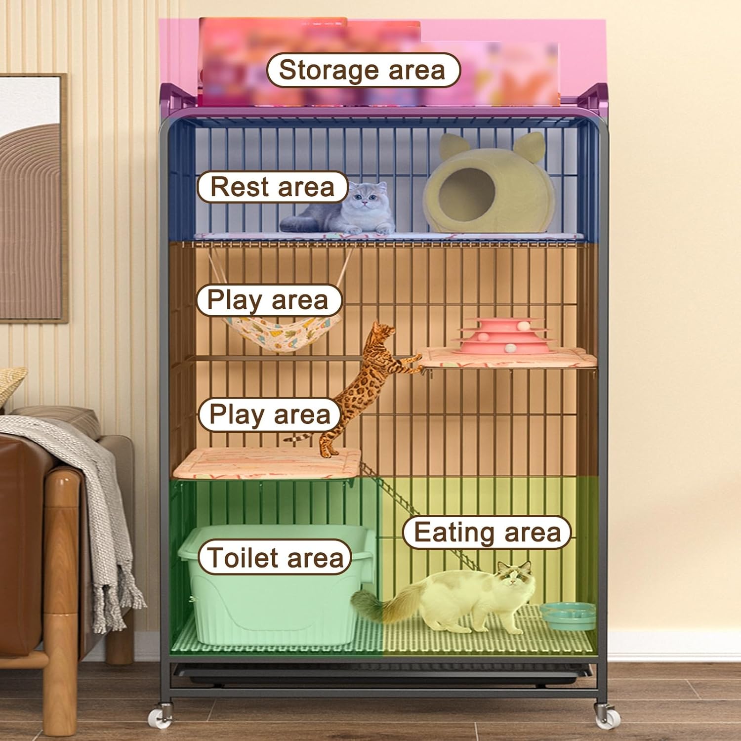 Large Cat Kennel 4-Tier Heavy Duty Metal Cat Enclosure with Wheels & Litter Box Multi Platforms for 1-4 Cats Rabbit Chinchilla Ferret no Installation Required(White)