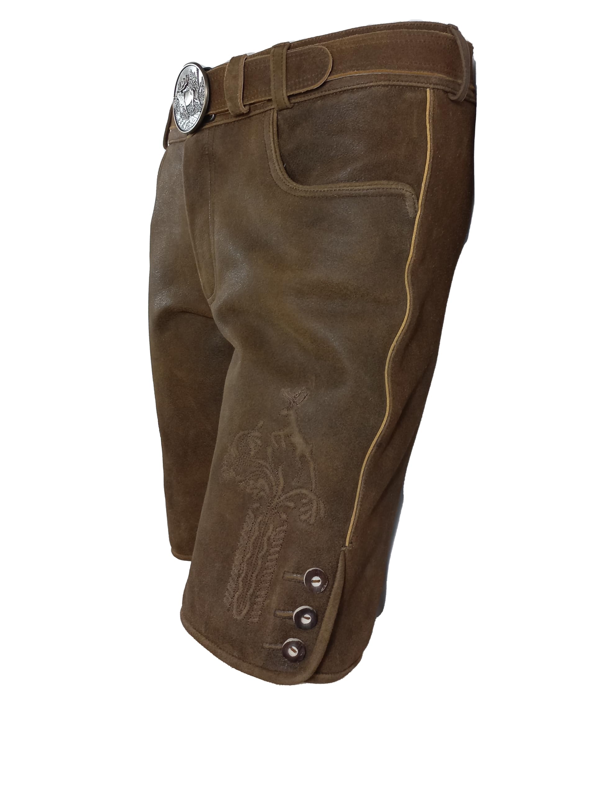 Kurze Herren Trachten Lederhose mit Gürtel, speckig Antik-Patina, Wildbockleder, Jäger
