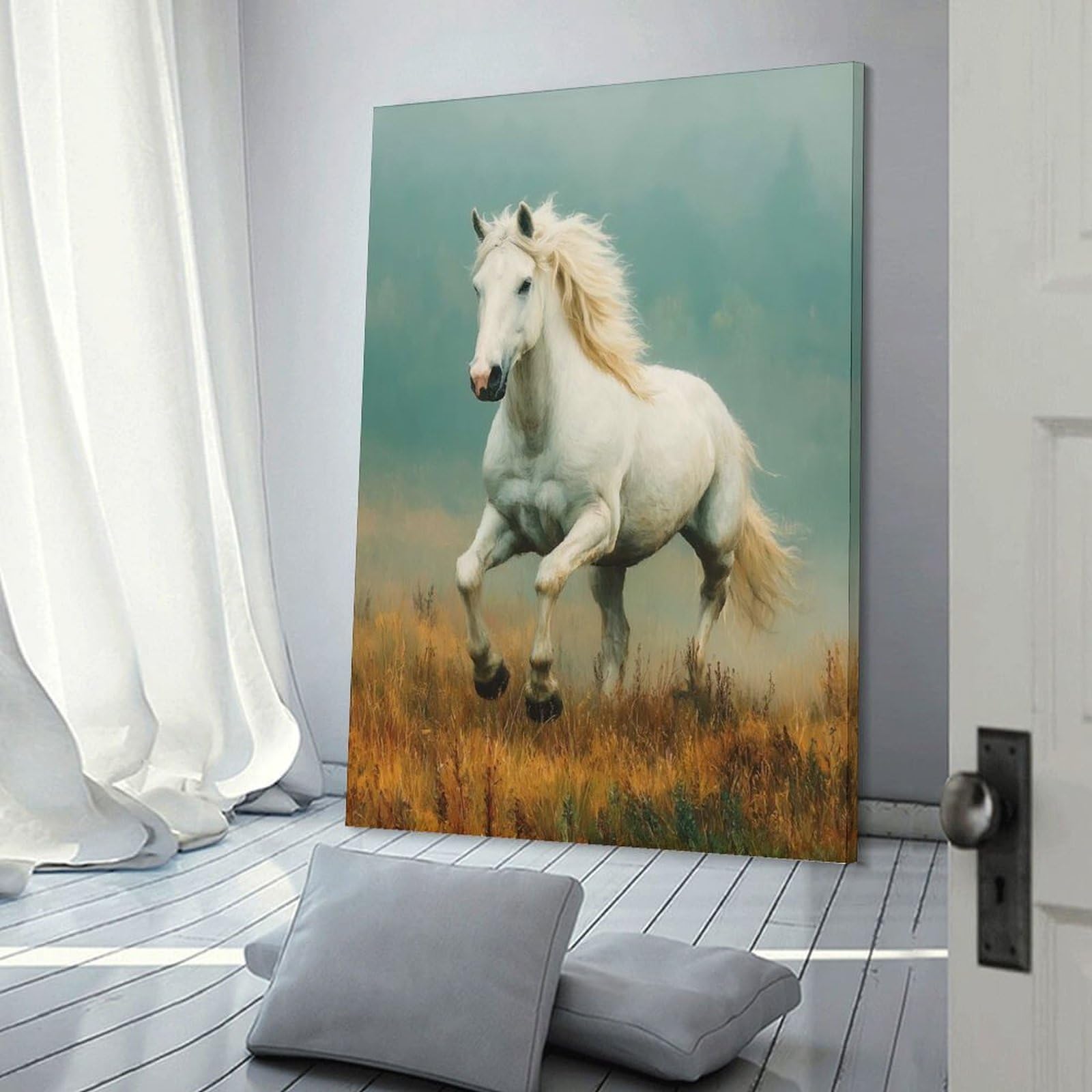 Junmoney White Horse Galloping in Field Canvas Wall Decor, 24x36inch(60x90cm), for Gallery Wall Decor And Room Displays, Wall Decor Suited to Curated Displays