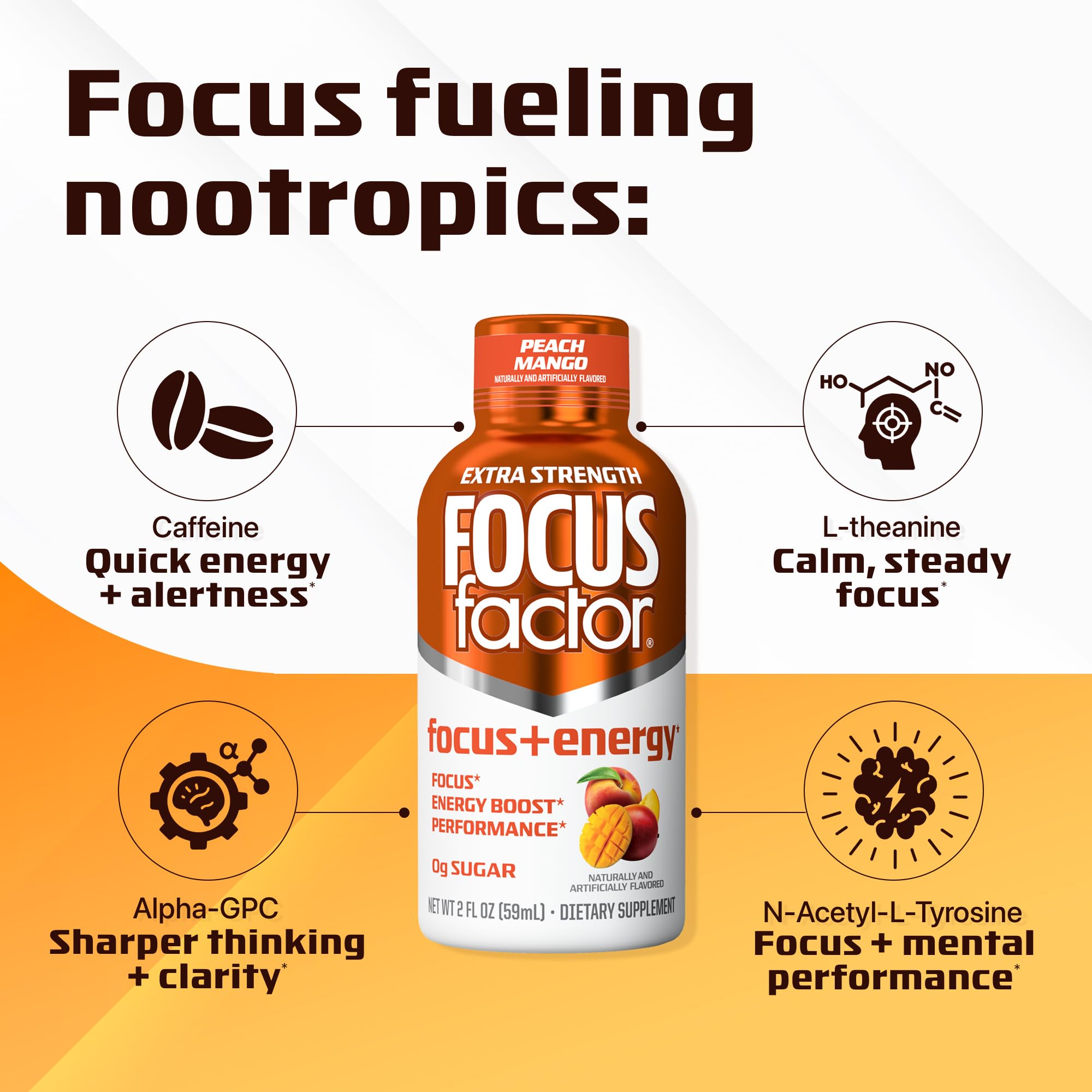 Focus Factor Extra Strength Focus + Energy Shots - 12 x 2oz Bottles (Peach Mango Flavor) - Powered by Nootropics with Caffeine, L-Theanine, Ginkgo, Bacopa, L-Tyrosine, Alpha GPC — Amazon image 3