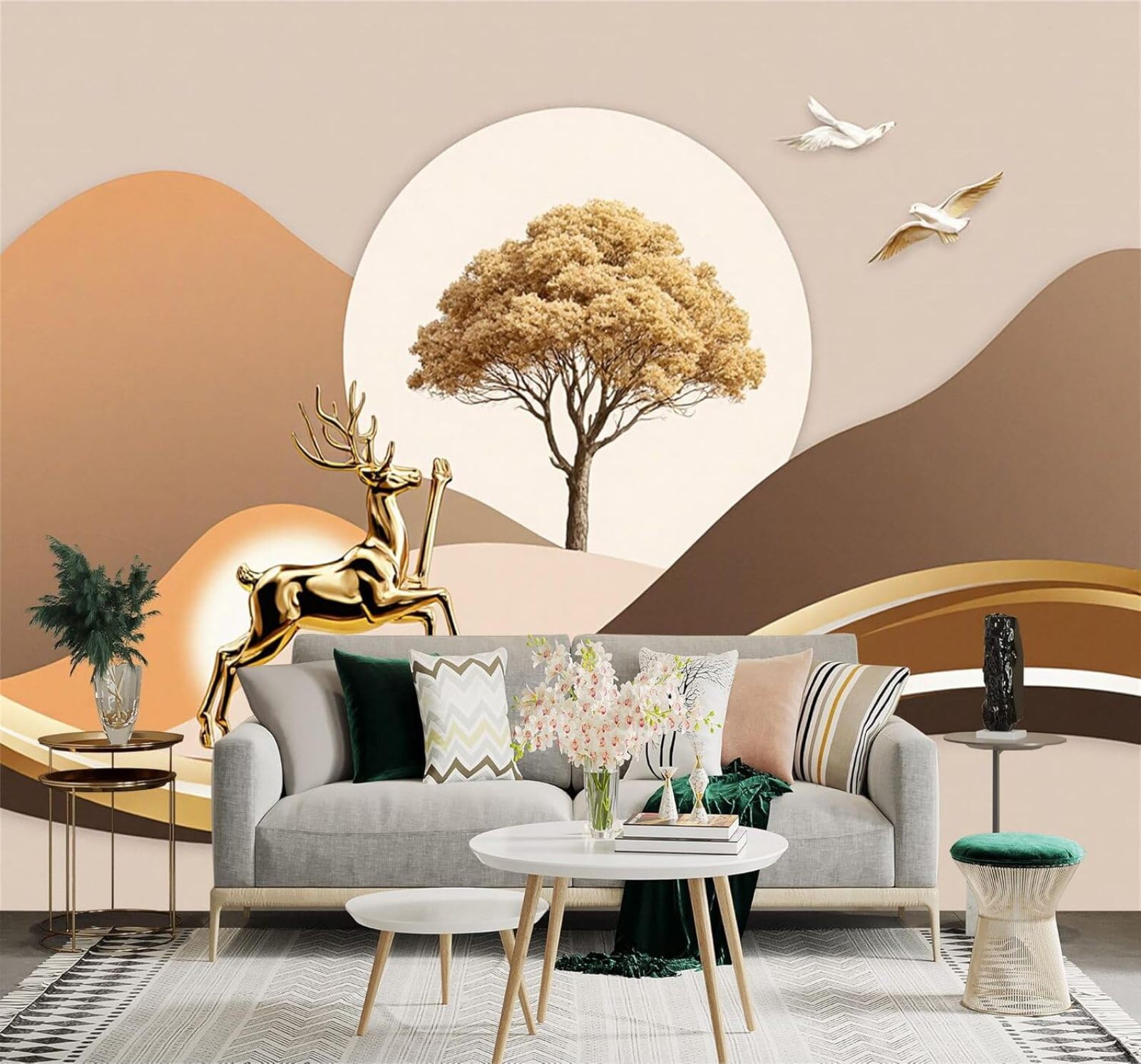 3D Papel Pintado Ciervo Dorado Árboles Pájaros En Vuelo Abstracto Montañas