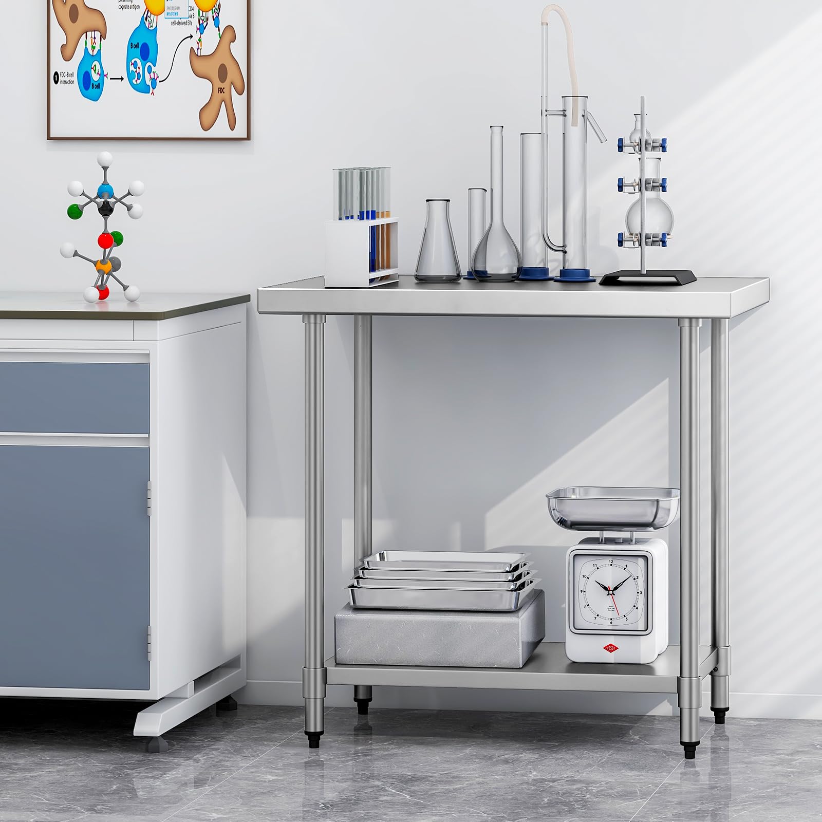 GYMAX Tavolo da Lavoro per Cucina Acciaio Inox Professionale, Carico 180kg + 155kg, Ripiano Inferiore Regolabile, per Commerciale Ristorante Ospedale (Stile 2, 92 x 61 x 90 cm)