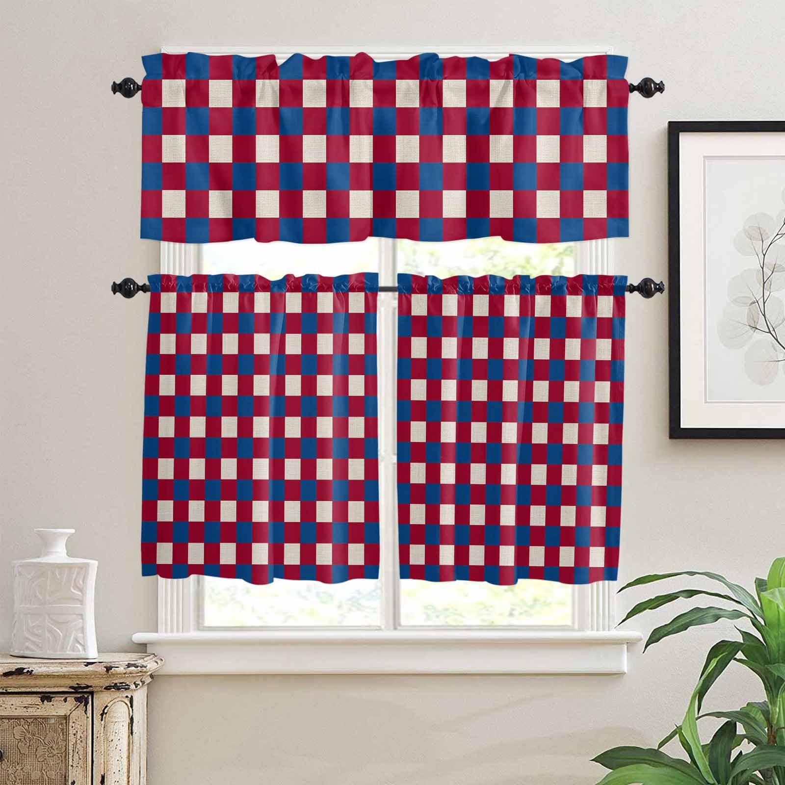 4th of July Red Blue Plaid Kitchen Curtains 36 Inch Length,3 Piece Rod Pocket Small Half Tiers and Valance Set,Independence Day Checkered Small Large Window Treatment Decor for Bedroom/Bathroom Sink