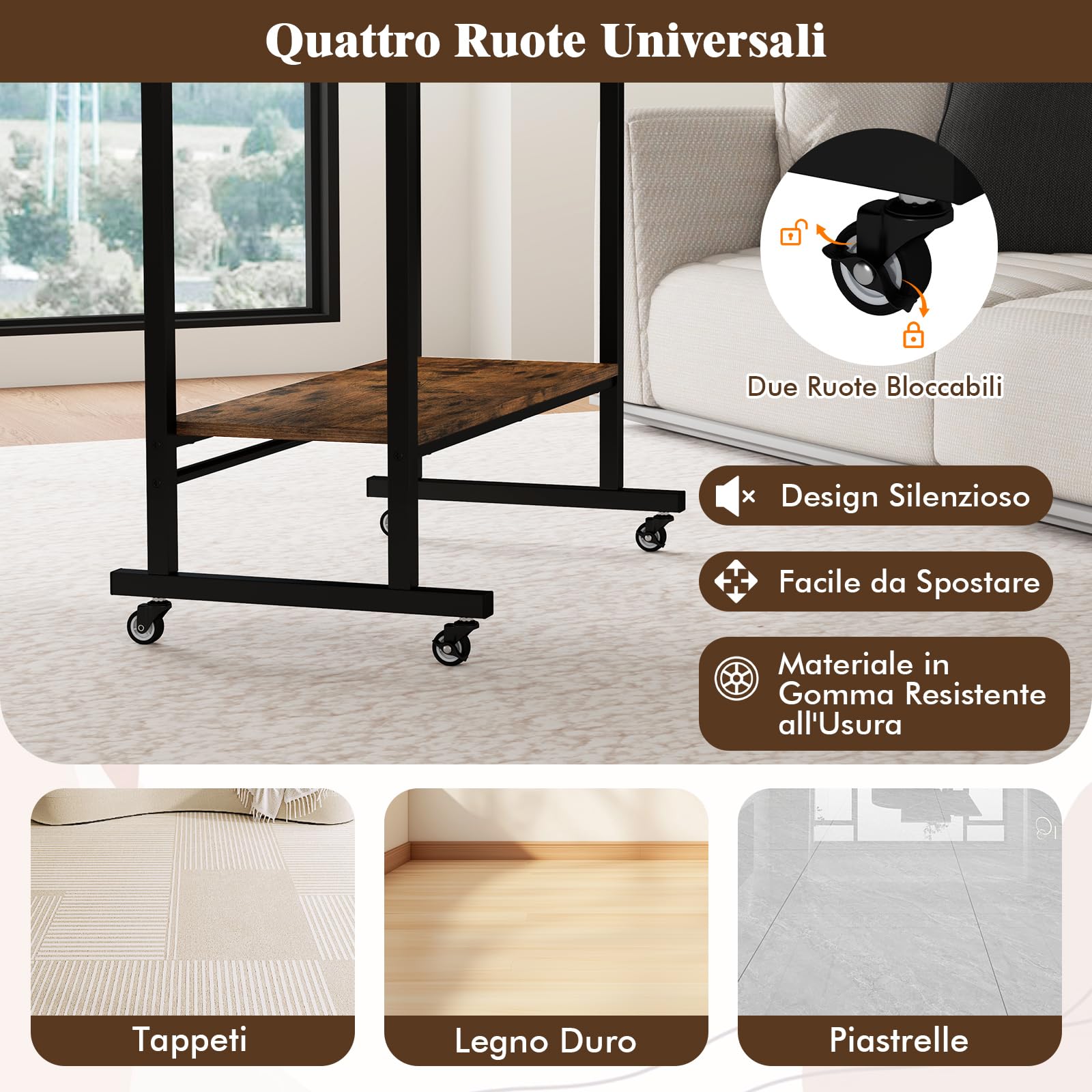 GYMAX Scrivania in Metallo e Legno, Tavolo da Lavoro con Vassoio per Tastiera, 3 Ganci e Ripiano Inferiore Aperto, 4 Ruote Universali Silenziose, 80 x 50 x 78 cm, Marrone Industriale