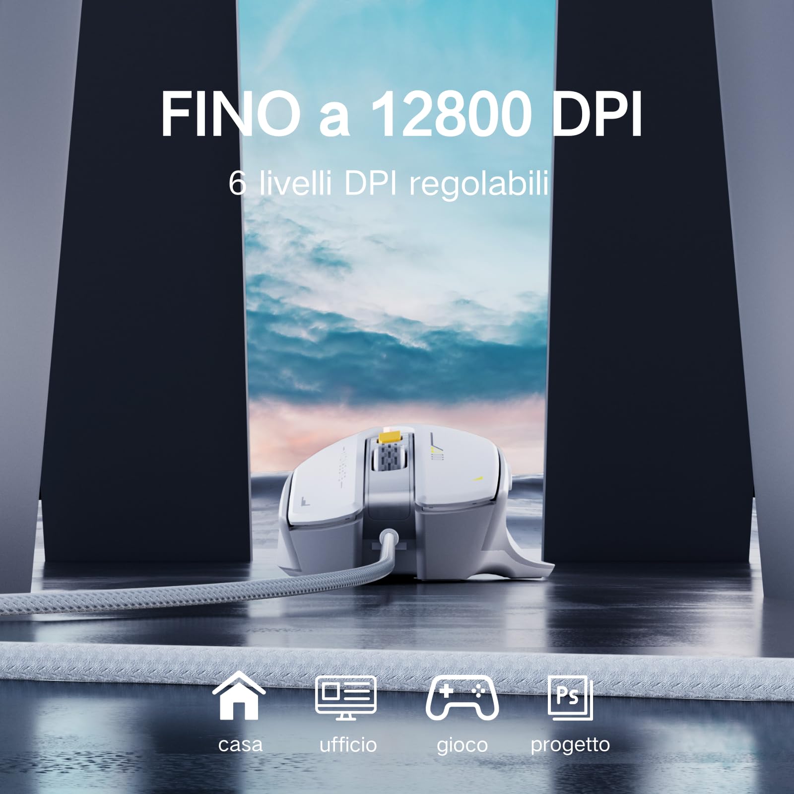 Uineer Mouse gaming con cavo, 12800 DPI regolabili, 6 pulsanti programmabili, 12 mouse RGB traspiranti, mouse ottico da gioco USB ergonomico per PC, laptop e desktop (bianco)