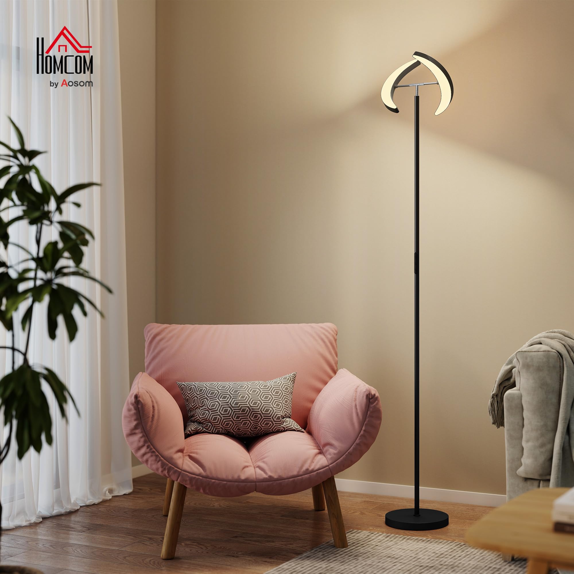 HOMCOM Lampa podłogowa LED do salonu RGB, z regulacją jasności, z obrotową podwójną głowicą, pilotem, sterowaniem dotykowym, 4 temperaturami barwowymi, timerem, nowoczesna lampa sufitowa do salonu,