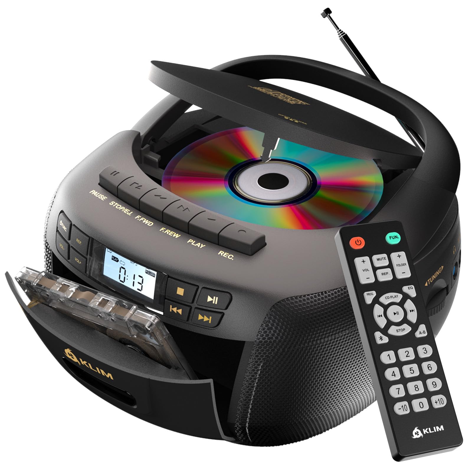 KLIM Lettore CD - Lettore Cassette Audio, AM/FM Radio Bluetooth, Stereo CD Player, Remota, Registrazione Su Nastro, USB Drive, AUX, Radio Stereo Casa Alimentazione AC/DC - Nero/Oro