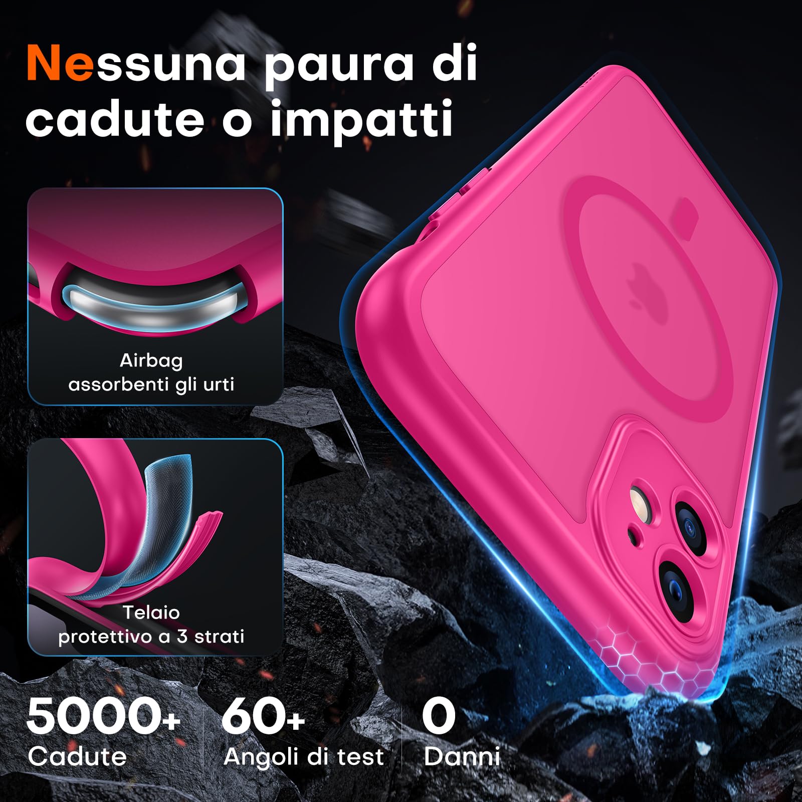 TOCOL Cover Magnetica per iPhone 11 6,1 Pollic, Compatibile con MagSafe, Protezione Fotocamera Integrata, Custodia Antiurto Traslucida Opaca, Rosa Caldo