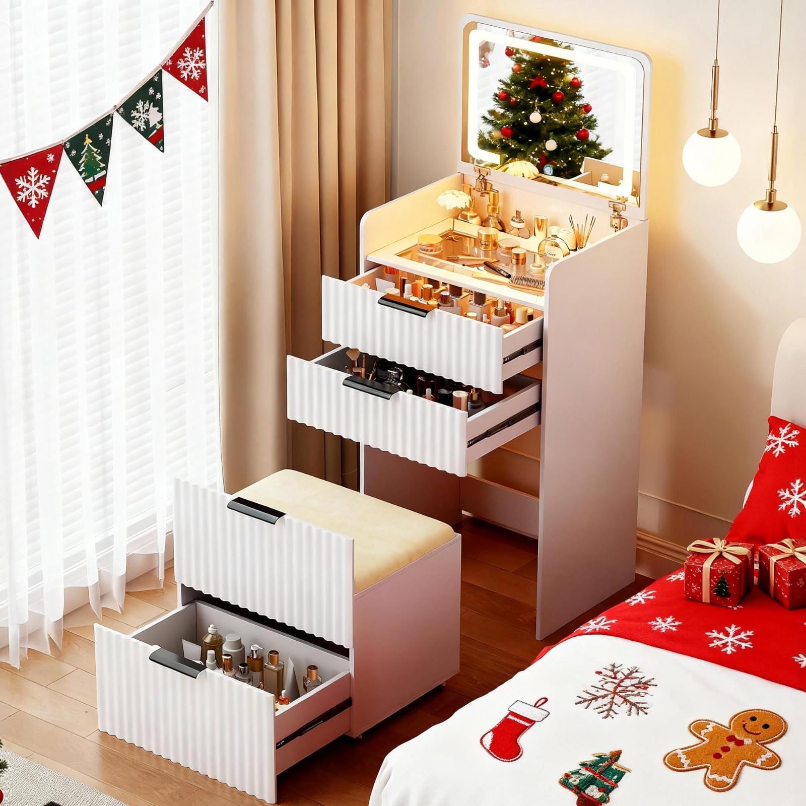 MDGC 3-in-1 Small Vanity Desk with Flip Top Mirror and Lights,Fluted Compact Makeup Vanity with Storage Stool and Drawers,Mini Vanity Table Set for