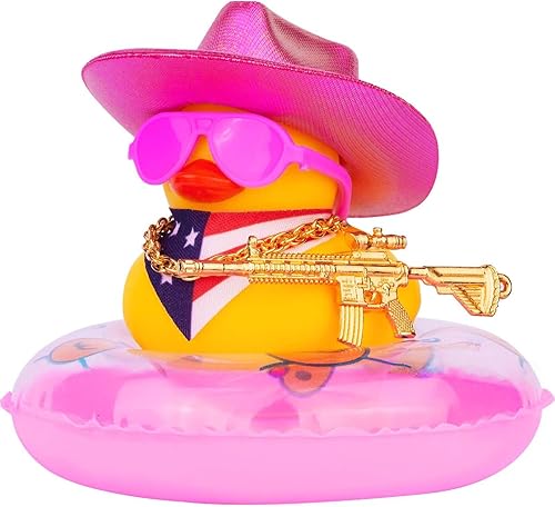 Car Duck Decoration Dashboard, Rubber Duck Car Ornament Accessories with Mini Cowboy Hat Swim Ring Necklace Sunglasses Special Prop(A-H12)