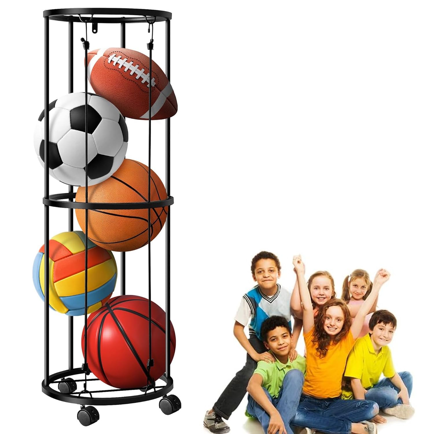 Soporte vertical para pelotas con ruedas, jaula de almacenamiento montada en la pared, estantería para baloncesto, fútbol y voleibol