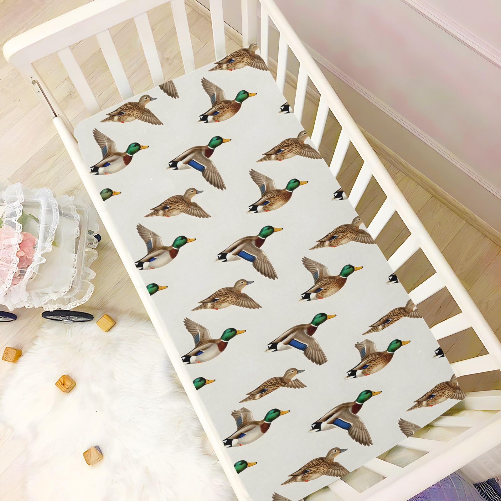 Lenzuolo con angoli per culla neonato, morbido e traspirante, per lettino di dimensioni standard, 132,1 x 71,1 cm, motivo acquerello anatra volante