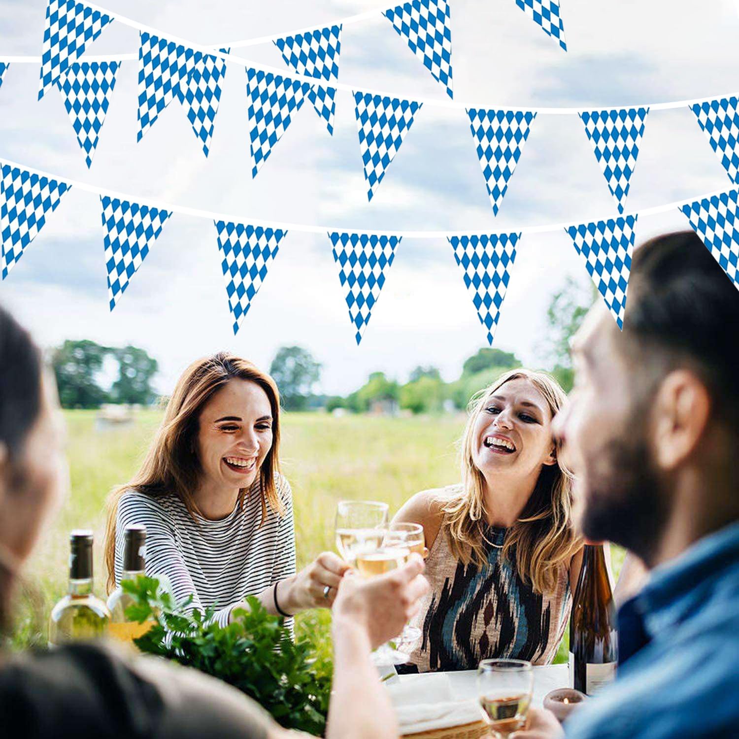 40 M Oktoberfest-Wimpelkette – Blaue Weiße Karo-Flaggen Fürs Bierzelt & Die Gartenparty