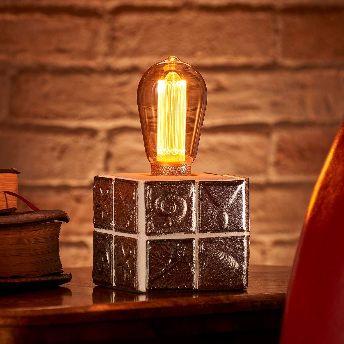Auraglow Mysa Modern Contemporary Fossil and Sea Shell Effect Stone Cement Cube Bedside Desk Table Lamp/Light - with ST64 LED Bulb