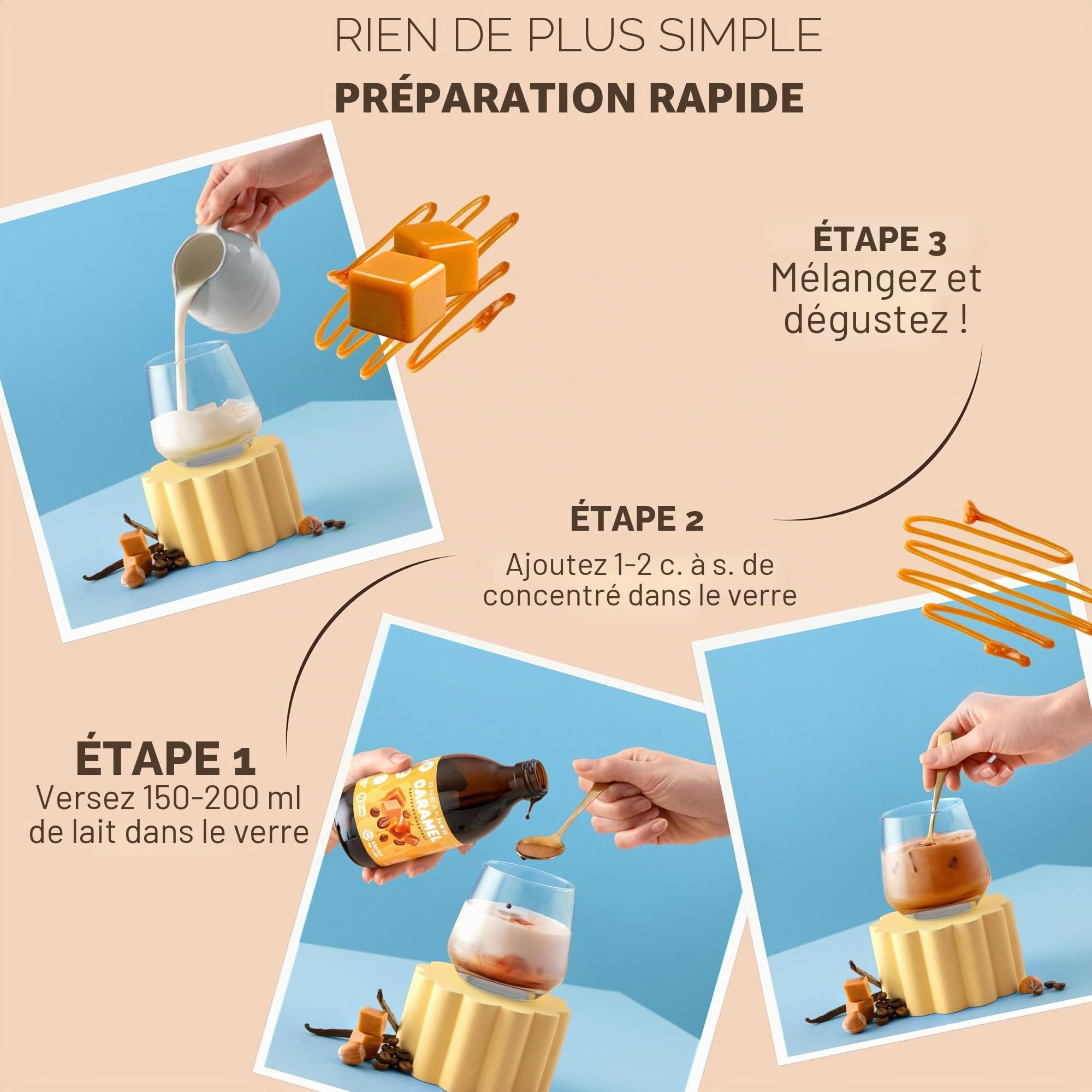 BreakNow Caramel Macchiato - Concentré de Café Glacé avec Arôme de Caramel - Sirop pour Cappuccino, Frappé - Prêt en 10 Secondes - 1 Bouteille = 30