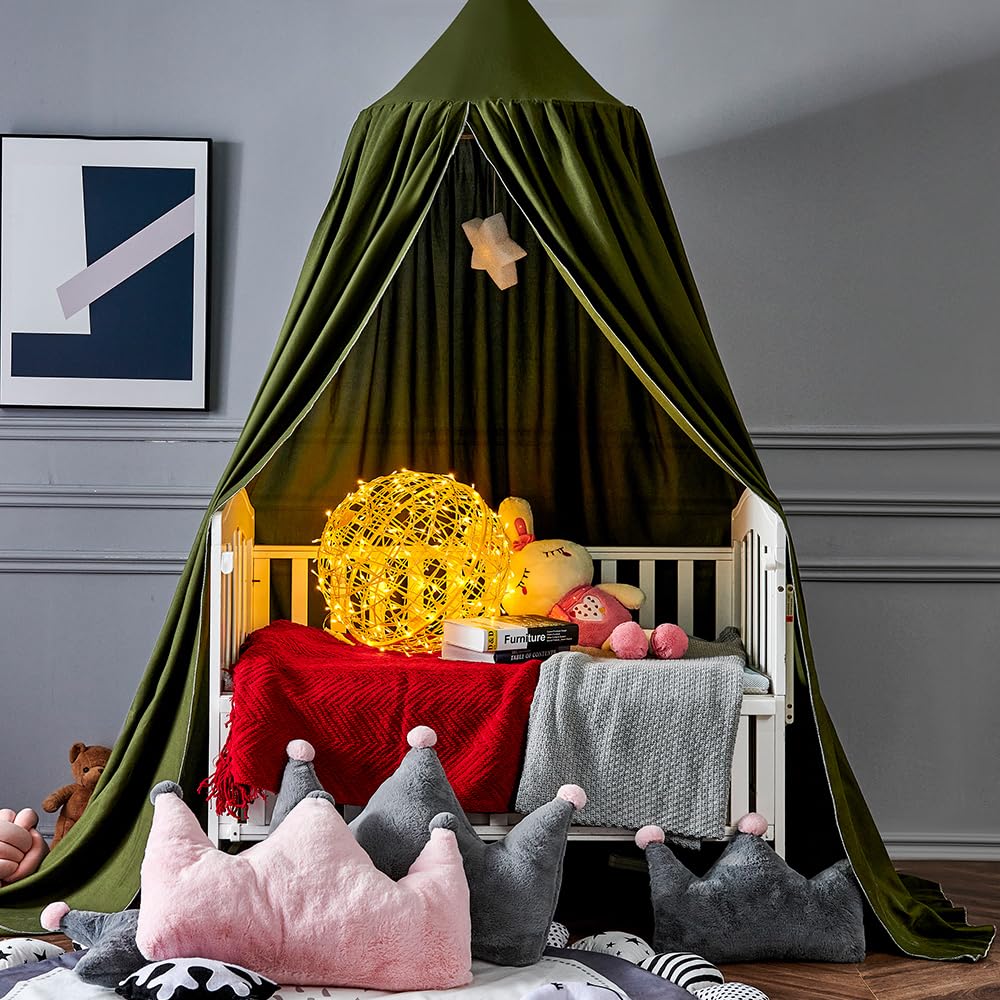 Surwin Bed Canopy for Children Dark Green Kids Round Dome Bed Canopy Mosquito Net Protection Canopy Bedroom Nursery Decoration Hanging Curtain Net Reading Corner Princess Play Tent for Baby Girls - Image 3