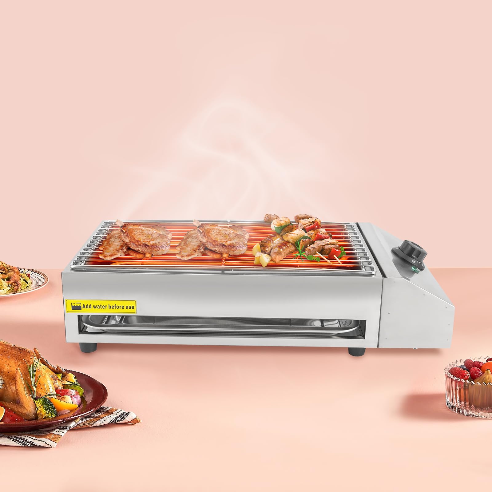 Barbecue elettrico da 220 V, 2,6 KW, 50 – 300 °C, temperatura regolabile, con griglia in acciaio inox rimovibile, per balcone, terrazza, interni, campeggio, 54 x 28 x 13,5 cm