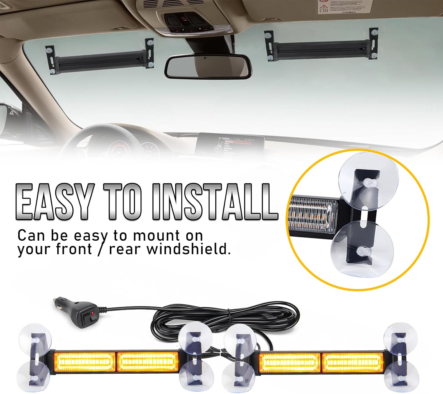 Amber Strobe Lights for Trucks 2 in 1, 26-Mode Interior Emergency Dash Windshield Lights Deck Split Warning Safety Flashing Light Bar w/Suction Cups for Construction Vehicles Trucks, 40PCS Led