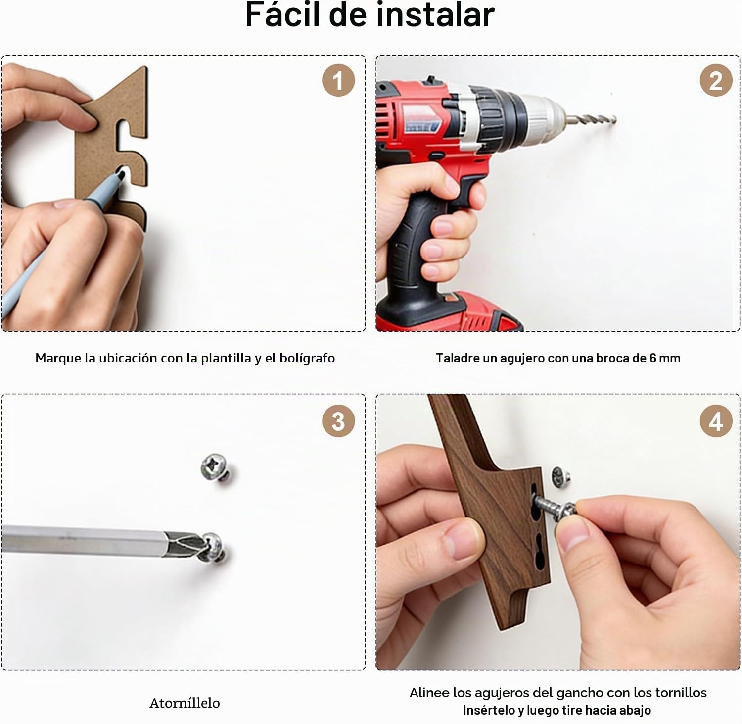 Perchero de Pared de Madera de Nogal, Juego de 4 Ganchos con Diseño de Pájaro, Colgadores Pared Robusto para Recibidor, Baño, Dormitorio, Incluye Accesorios de Montaje