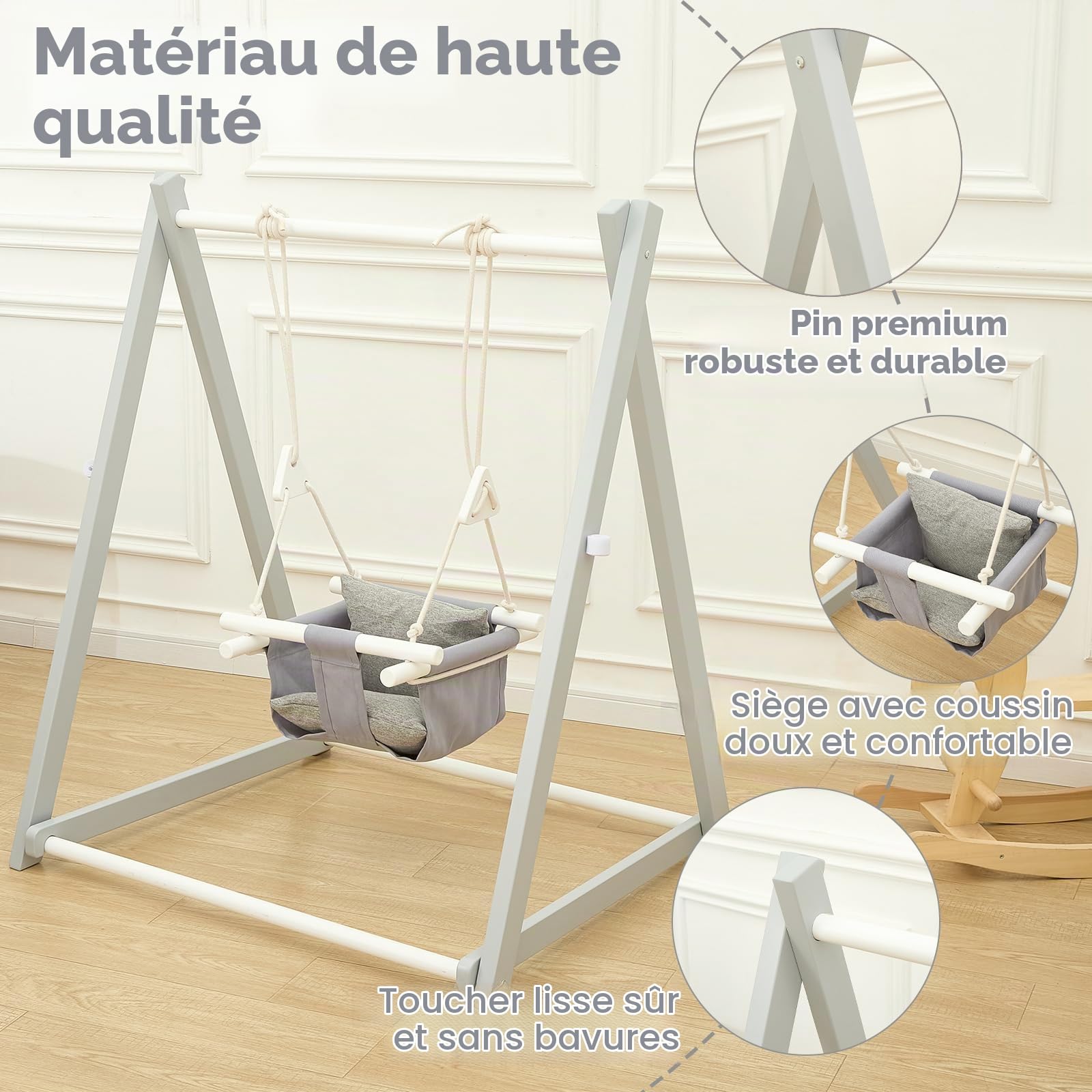 FUNLIO Balançoire en Bois Pliable pour Les Enfants de 6 à 36 Mois. Fabriquée en pin Durable, Portable avec 4 Sacs de Sable et des Sangles d'extension. Utilisation intérieure/extérieure - Gris