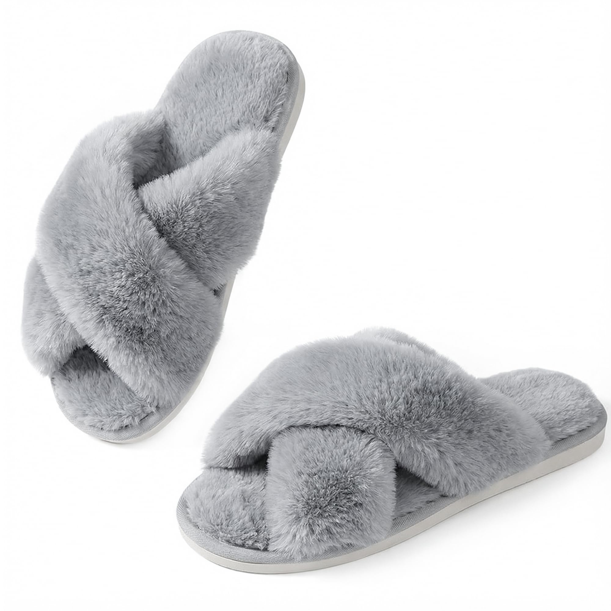 Ankis Hausschuhe Damen Plüsch mit Kreuzband Winter Warme Pantoffeln Memory-Schaum und Offene Zehenpartie Flauschige Hausschuhe Damen für Drinnen und Draußen (Weiß,Schwarz,Grau,Rosa,Kamel)