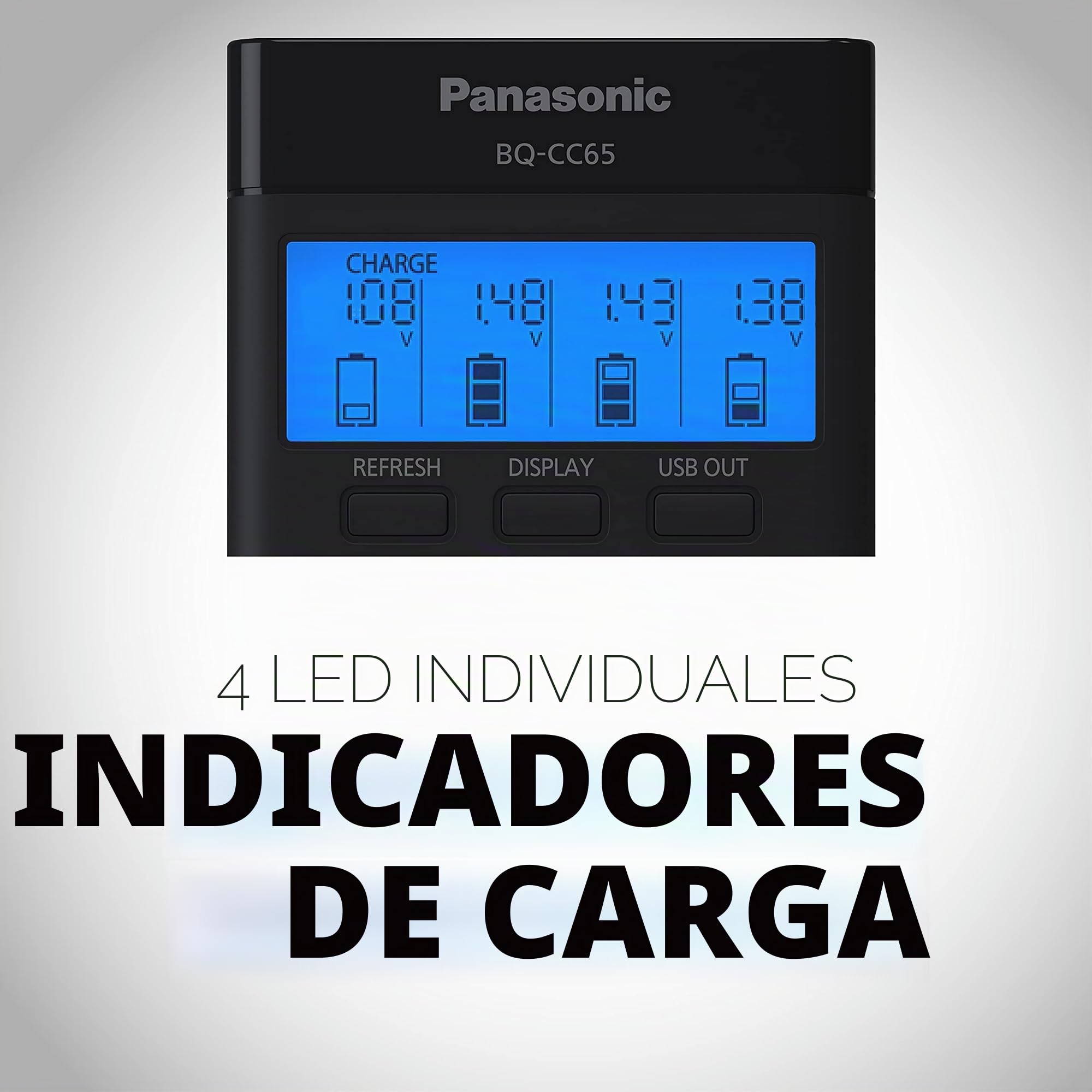 Panasonic BQ-CC65AKBBA Super Advanced Eneloop Pro y Eneloop Cargador rápido de 4 Posiciones con Panel indicador LCD y Puerto de Carga USB, Negro