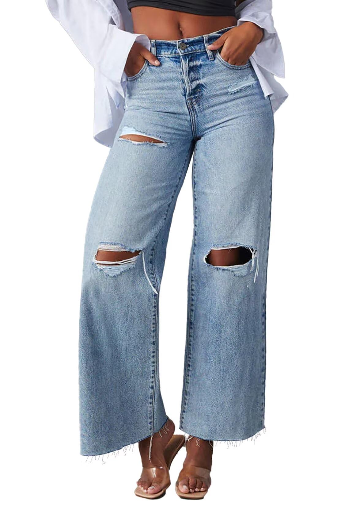 Allimy Jeans da donna a vita alta, gamba dritta, gamba larga, strappati, orlo sfilacciato, pantaloni in denim Capri elasticizzati