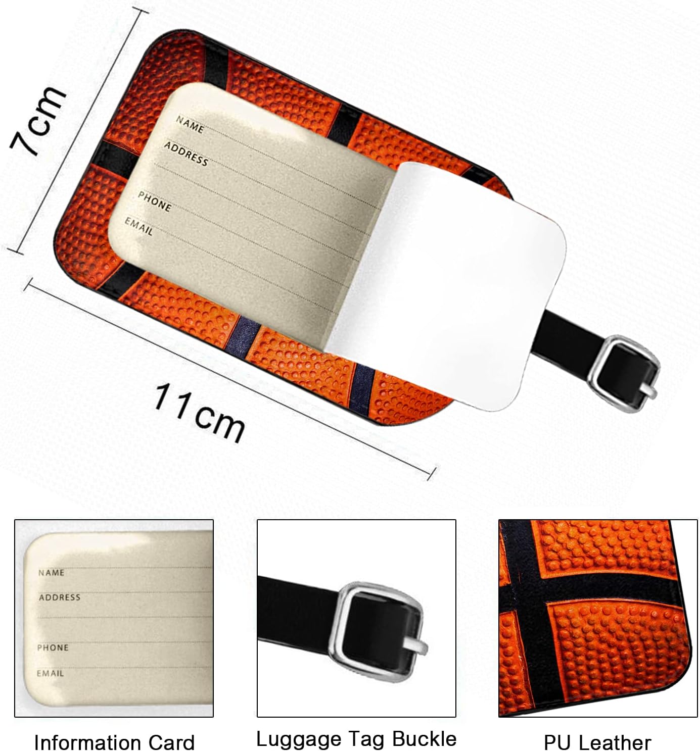 Basketball Texture Suitcase ID Tag Exercise Competition Luggage Tag Fully Bendable Tag PU Leather Labels Bag Tag for Teenage Women, 1 Pack