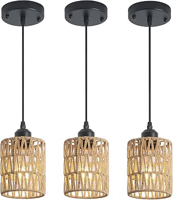 OTeedo 3-Pack Boho Rattan Pendant Lights for Kitchen Island