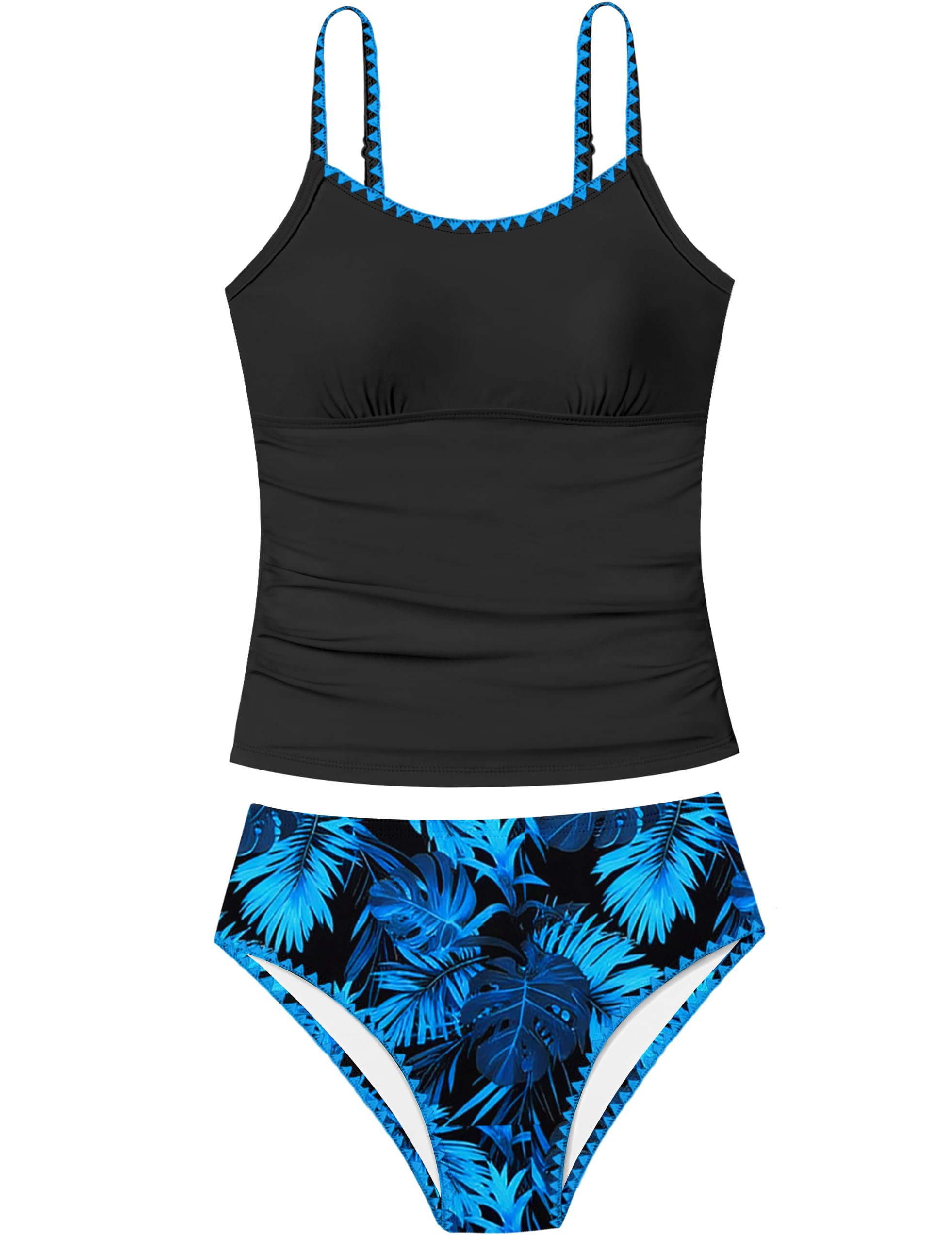 Girls Swimsuit Solid Color Tankini Contrast Trim Swimwear 2 Piece Bathing Suit Padded Swimsuits for Teens 9-16Y