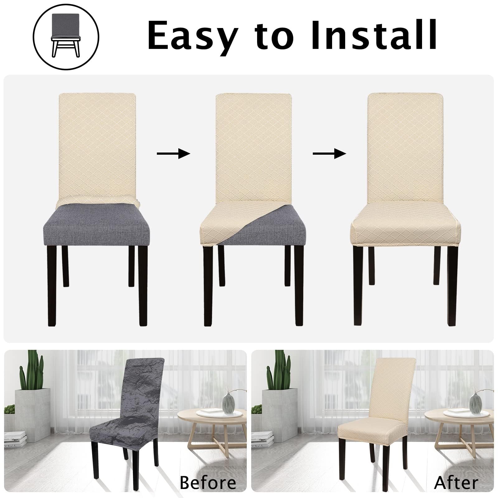 SearchI Dining Room Chair Covers Set of 4 Stretch Parsons Chair Slipcovers Super Fit Spandex Removable Washable Kitchen Chair Protector Cover for Dining Room Hotel(Beige Rhombus) - Image 4