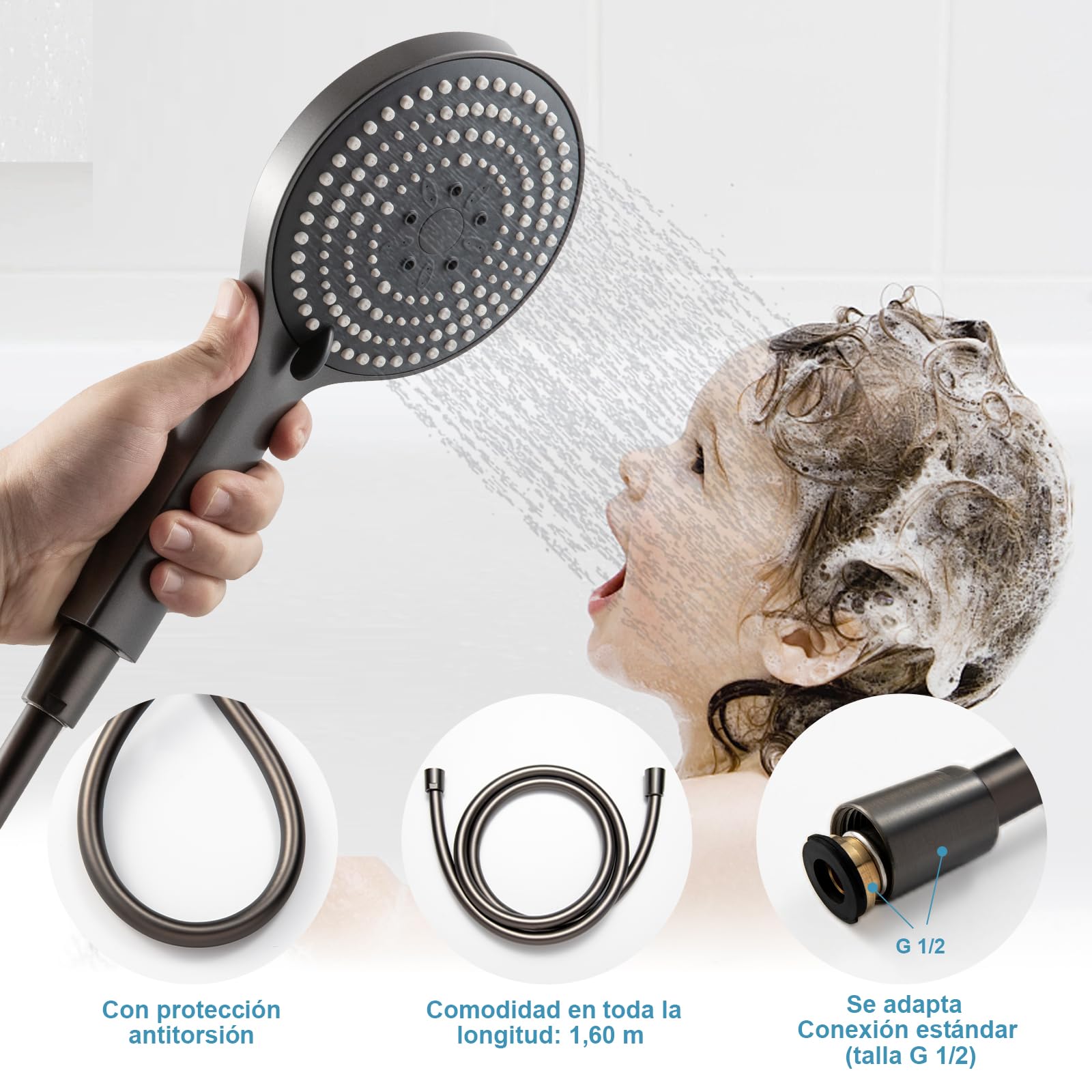 OFFO Soffione Doccia con Tubo,Flessibile da 1,6 m, con 6 Modalità Di Spruzzo,Soffione Doccia Grande con Tubo a Risparmio Idrico,Doccino per Doccia con Tubo a Mano per Il Bagno,Nero Cromo
