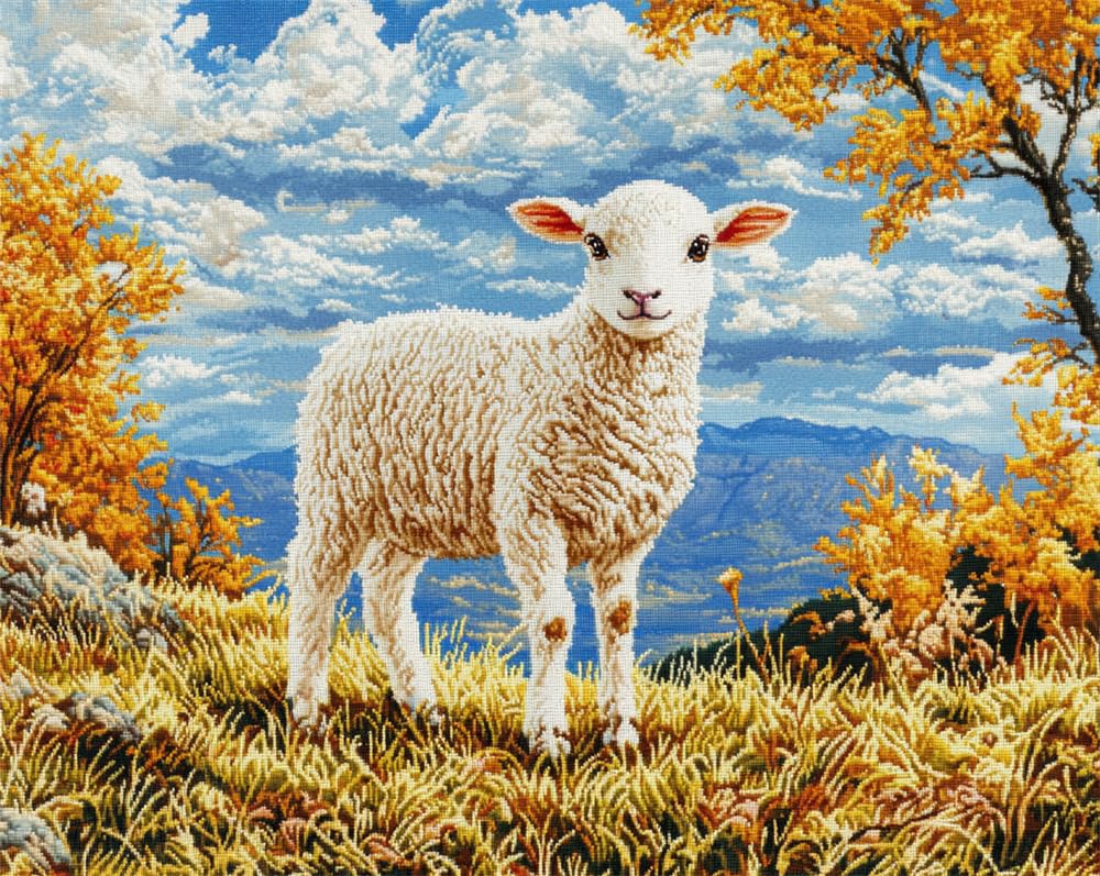Henypt Cross Stitch Kits, A Lamb in The Field Easy Patterns Embroidery Kit Supplies, Stamped Options for Adults Beginners (Stamped)
