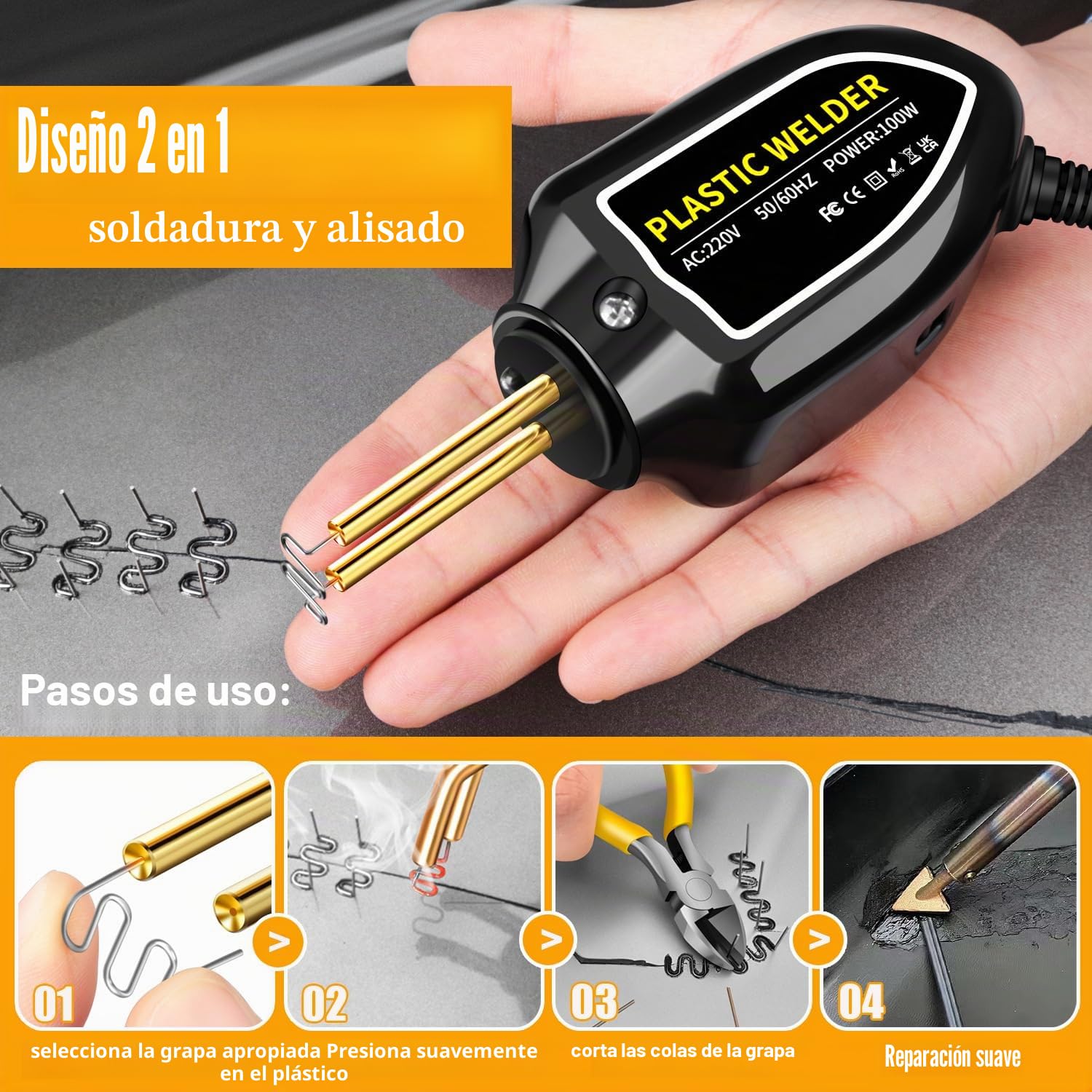 Máquina de soldadura de plástico de 100 W, kit de reparación de parachoques de coche, grapadora de calor con 200 clavos de soldadura, plana/esquina exterior/esquina interior/hebillas