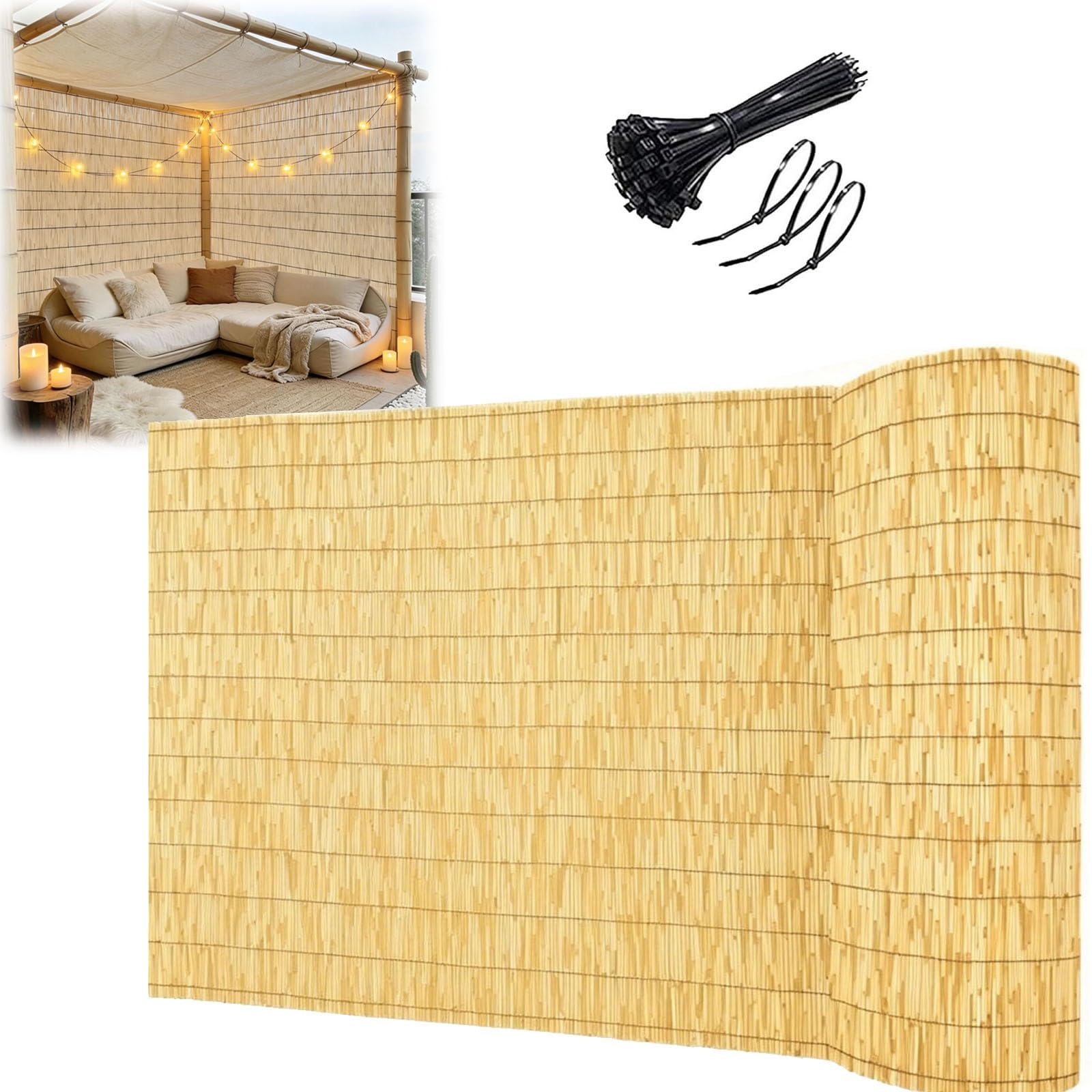 Bamboo Privacy Fence Screen Roll, Natural Reeds Fencing Panel for Outdoor Balcony Garden 50cm 100cm 120cm 150cm 180cm, UV Protected Wind Block Sun Shade Divider with Zip Ties(Natural,H60xL250cm)
