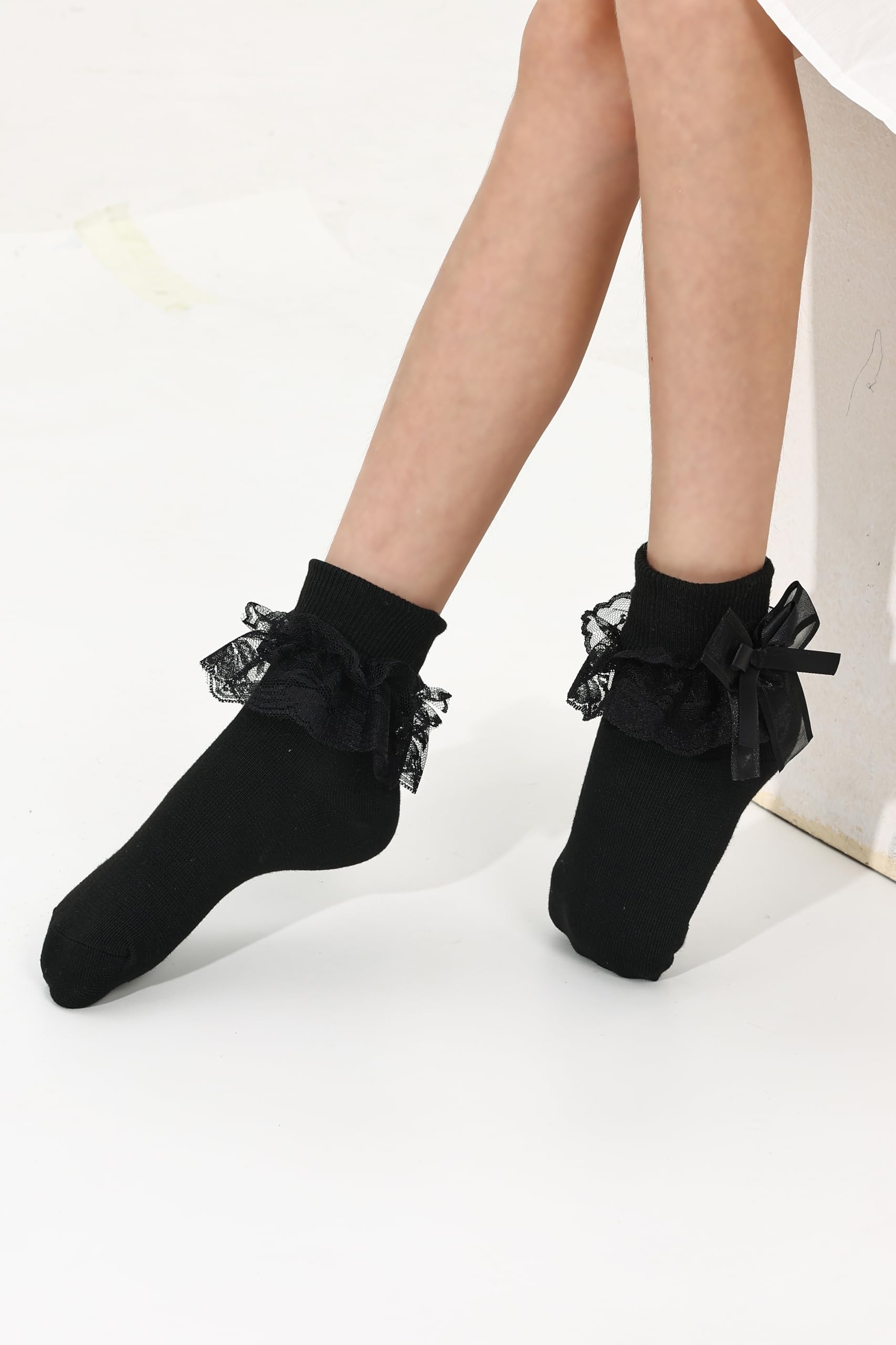 WEIDUAINI Baby Girls Socks Black and White Turn Cuff Lace Bow Ruffle Socks for Kids and Infants Toddlers (White Black 8-10 Years)