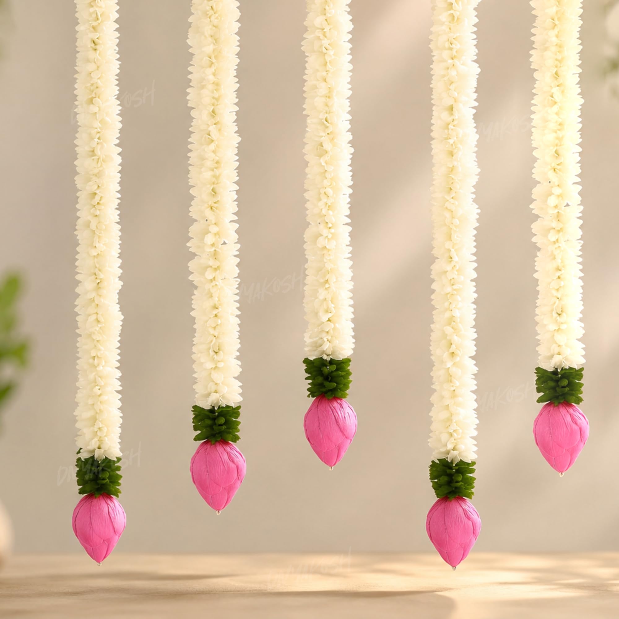 Divyakosh Garlands for Home Decoration, Lotus Hangings (Pack of 7 Pcs, Size 12 Inch Each) | Offwhite Fabric & Solawood Lotus Buds | Flower Garlands for Home Decoration |
