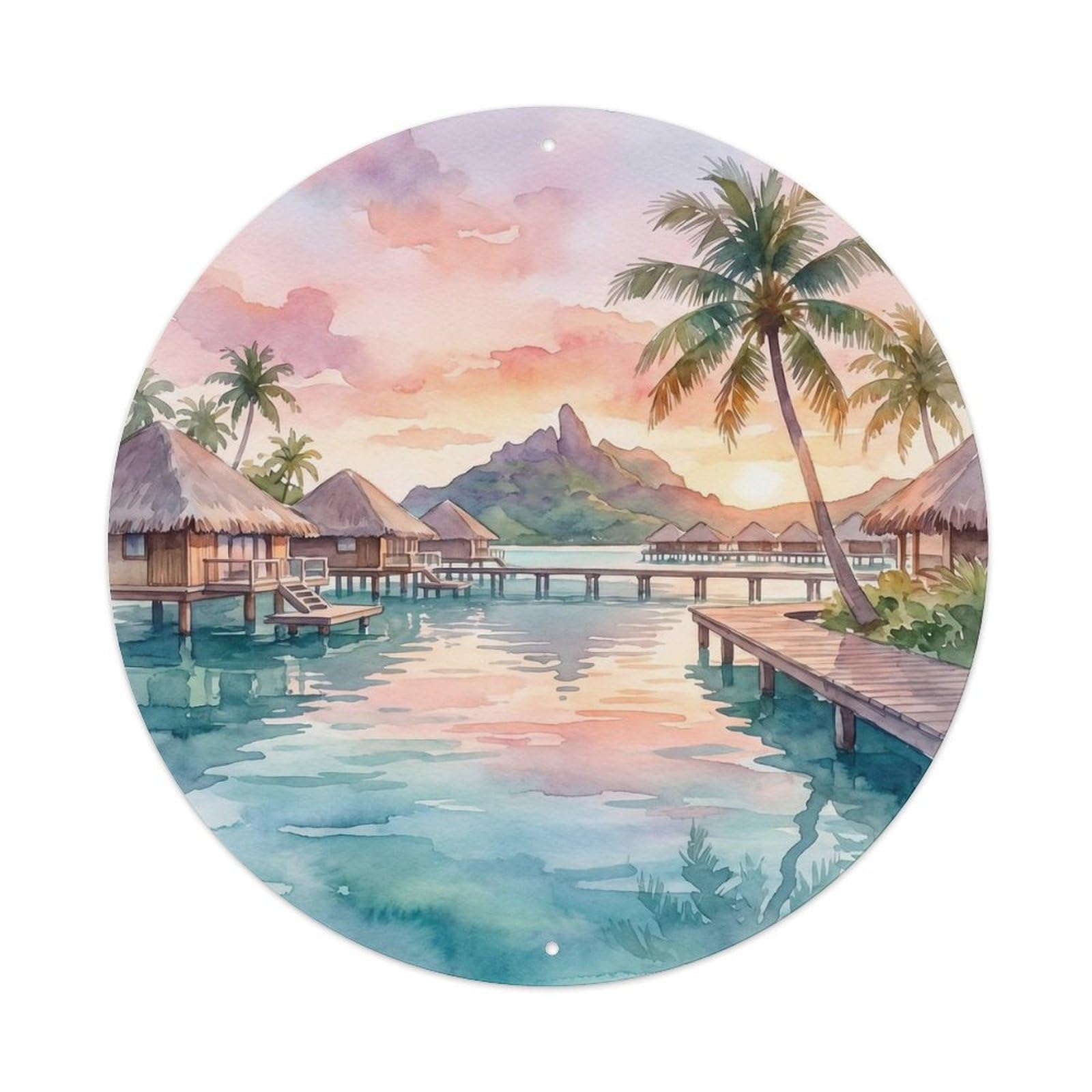 Olyhtr 8X8inch Classic Style Sunset Bungalow Borabora Lagoon Watercolor Travel Metal Tin Sign