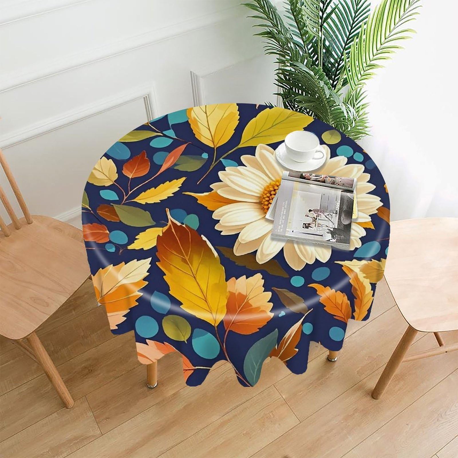 LZQPOEAS Leaves and Flowers Tablecloth Decorative Round Table Cloth Wrinkle Resistant Round Tablecloth Washable Circle Table Cover for Kitchen Dining Party Wedding Camping 60 Inch