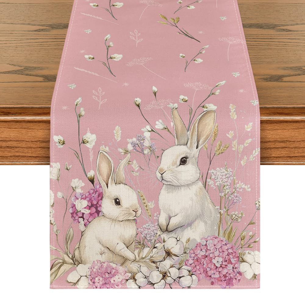 Artoid Mode Rosa Hortensie Hasen Blumen Blätter Ostern Tischläufer, Frühling Küche Tisch Dekoration Drinnen Urlaub Party Dekor 40x180 cm