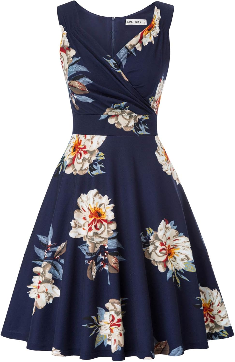 GRACE KARIN Women's Sleeveless V-Neck Wrap Cocktail Dress Vintage Floral A-line Dress