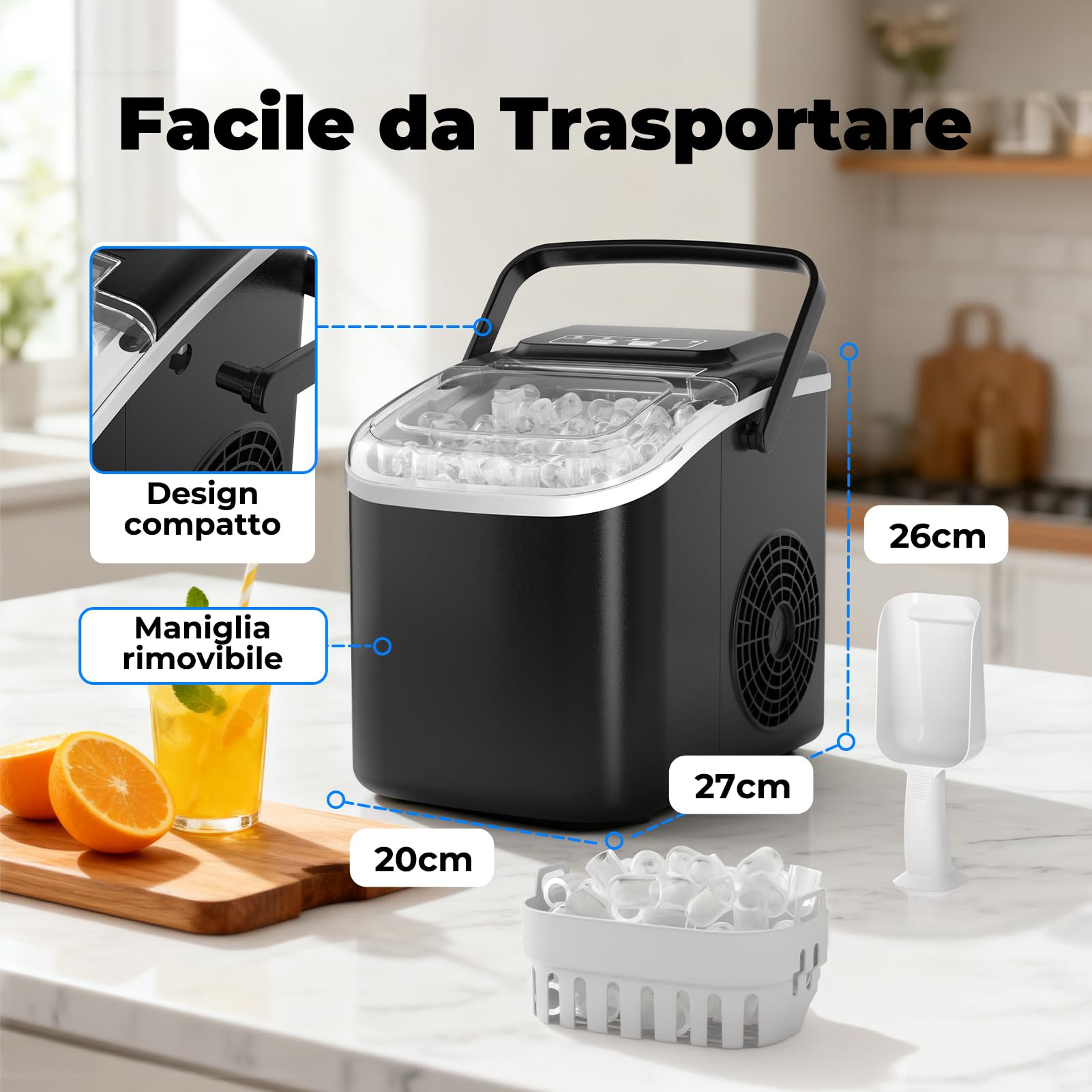 Macchina del Ghiaccio per Casa 12kg/24h, Autopulente Ice maker Silenzioso, S/L Ghiaccio, 8 Cubetti 6-8 Minuti, con Maniglia/Paletta/Cestello, per Cucina/Ufficio/Feste, Nero