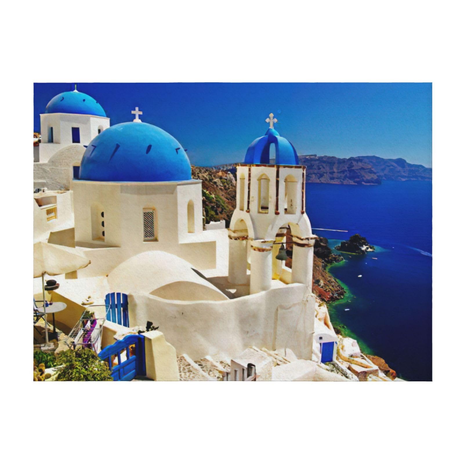JEJEA Santorini Greek Island sea View print Couch Bed Blanket Lightweight Blanket for Bed, Couch, Chair, Sofa Suitable for All Season