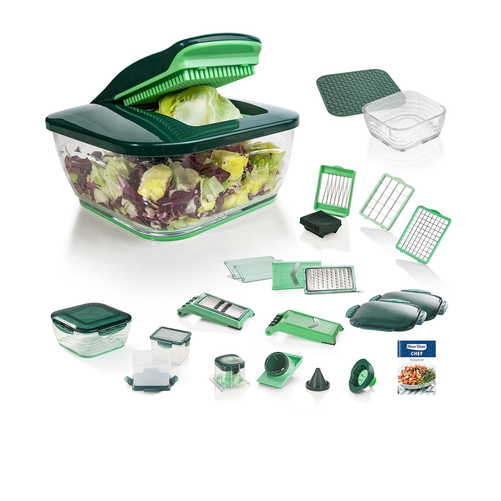 Genius Nicer Dicer Chef Deluxe-Set 28-tlg. Multifunktions-Profi-Gemüseschneider mit Glasschale und Tomatenschneider | Teigwaren, Scheiben, Streifen, Spiralen, Julienne