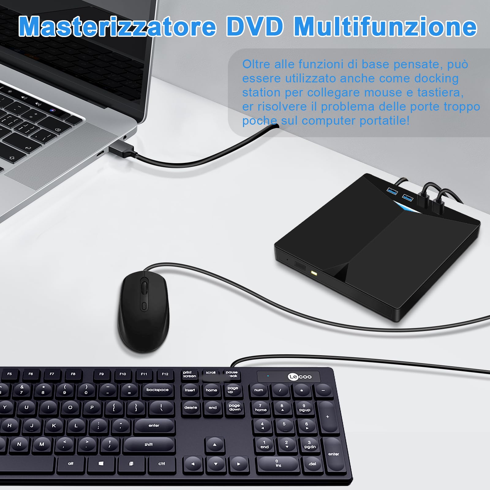 Lettore CD/DVD Esterno USB 3.0 Masterizzatore Portatile con 4 Porte USB e Lettore di Schede TF/SD per Laptop/Desktop
