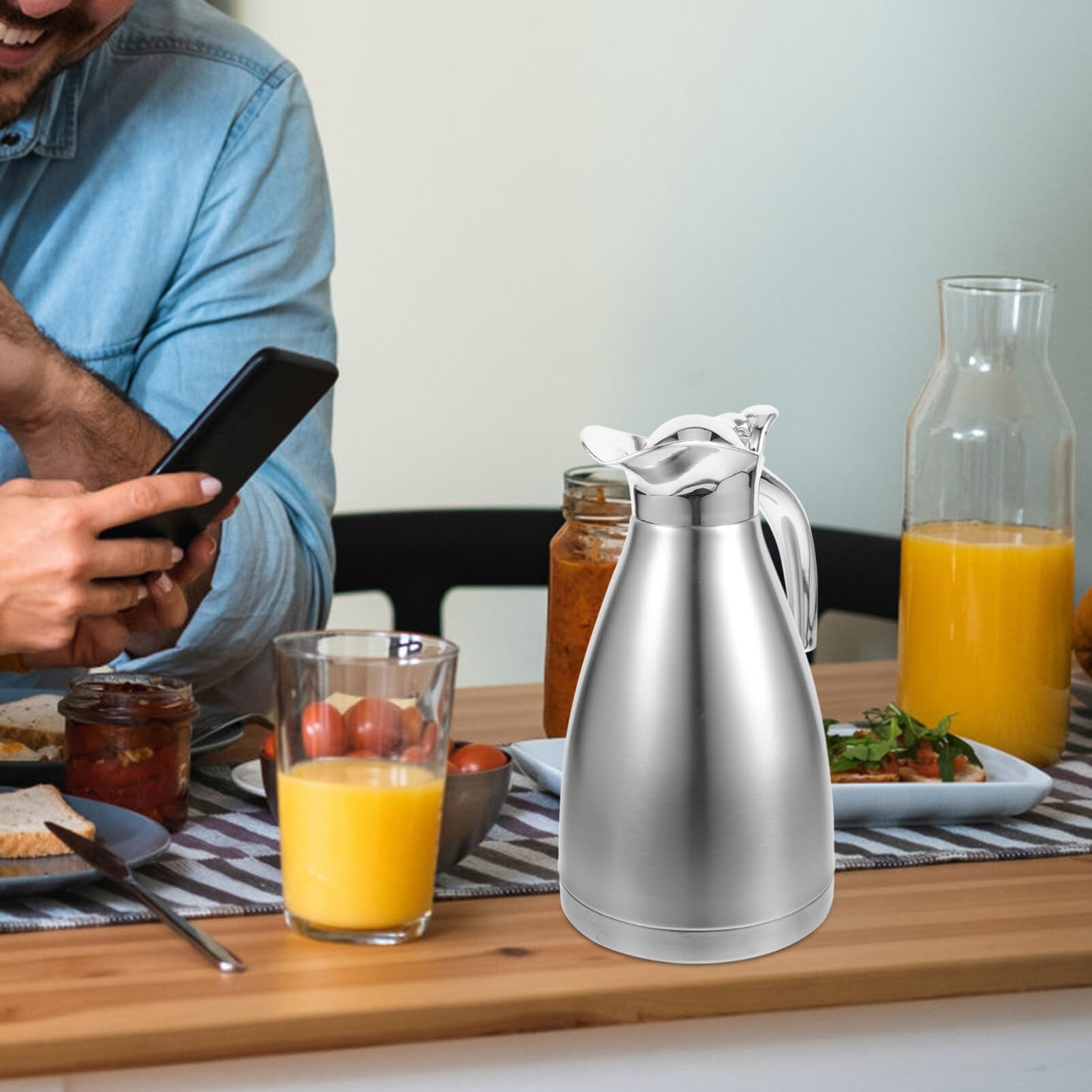 Healvian Insulated Water Bottle Stainless Steel Coffee Thermal Carafe Thermal Water Pitcher Insulated Coffee Tea Water Pot Household Water Kettle (1.5 L Single layer)