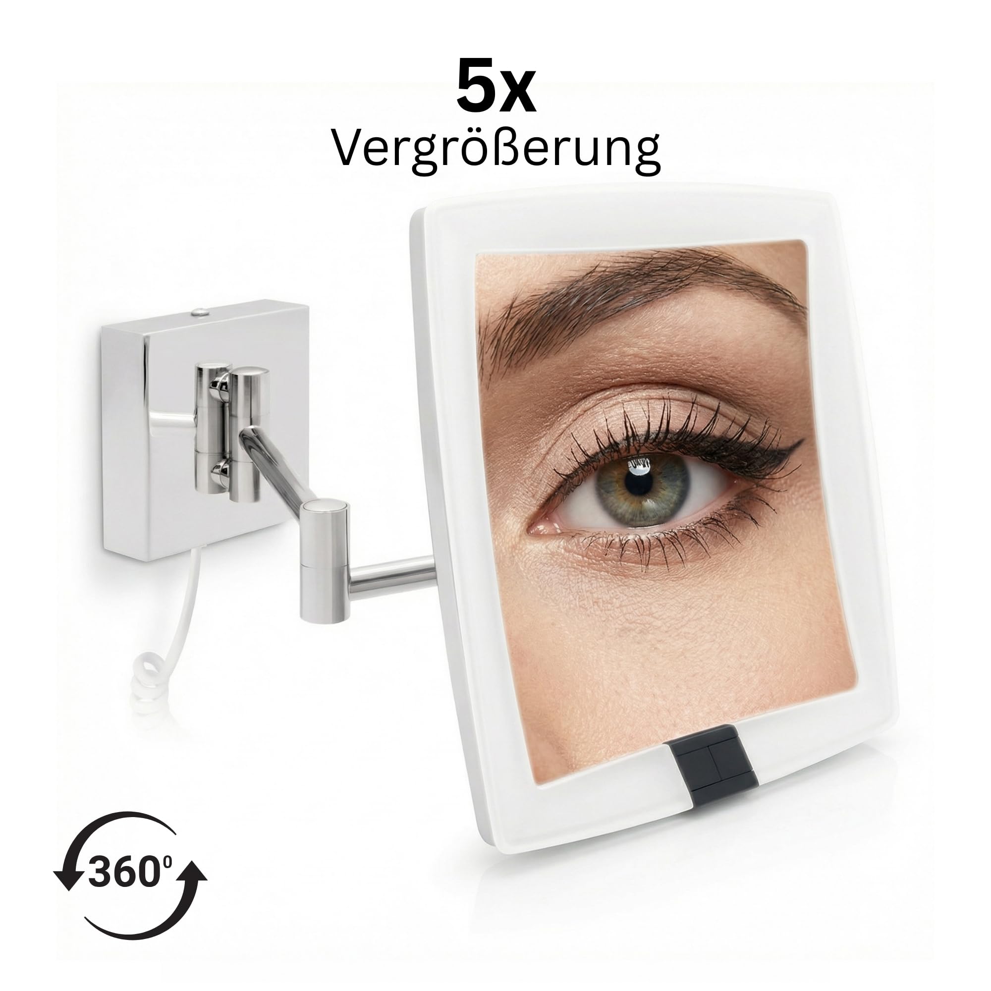LED Kosmetikspiegel Verona – eckiger 5-facher Vergrößerungsspiegel mit Sensor & Wandmontage – Schminkspiegel mit automatischer LED-Beleuchtung, ausziehbarem Gelenkarm & weißem Kabel