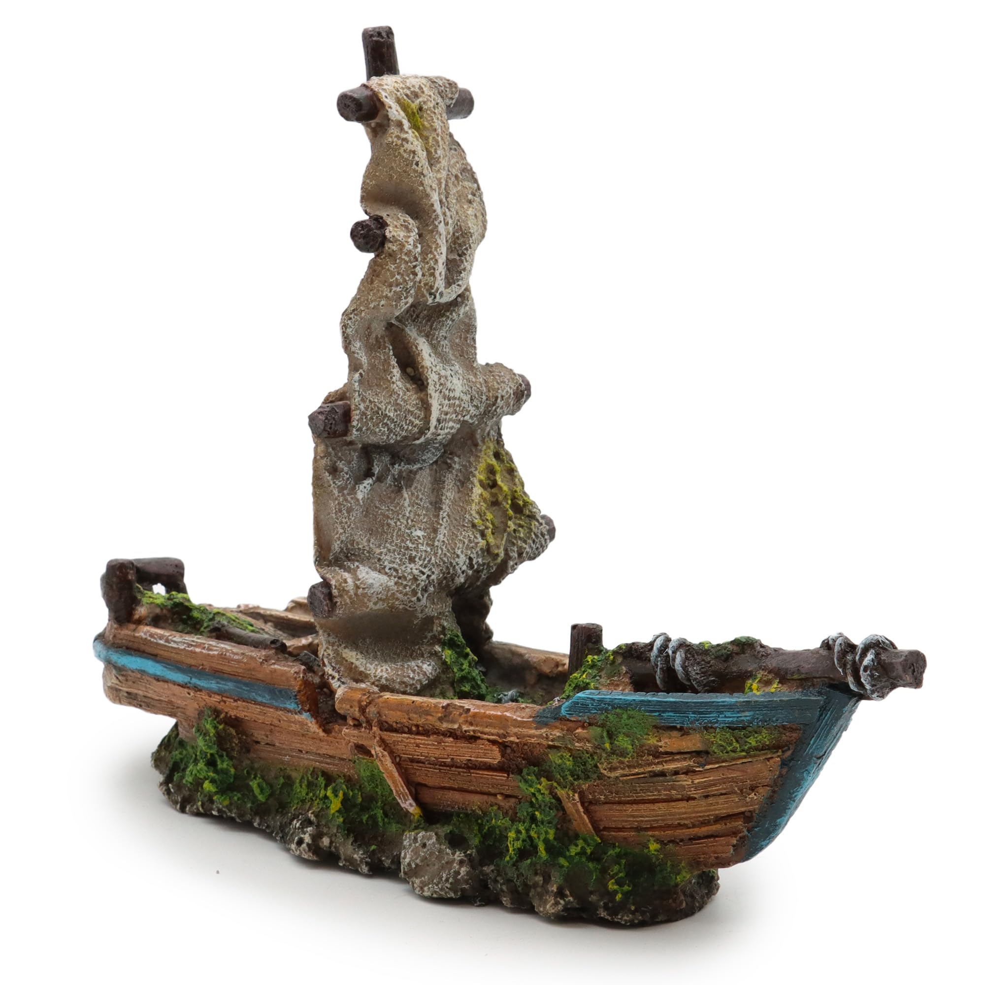 WAVE Wooden Boat Sank Aquarium Ornament, Small