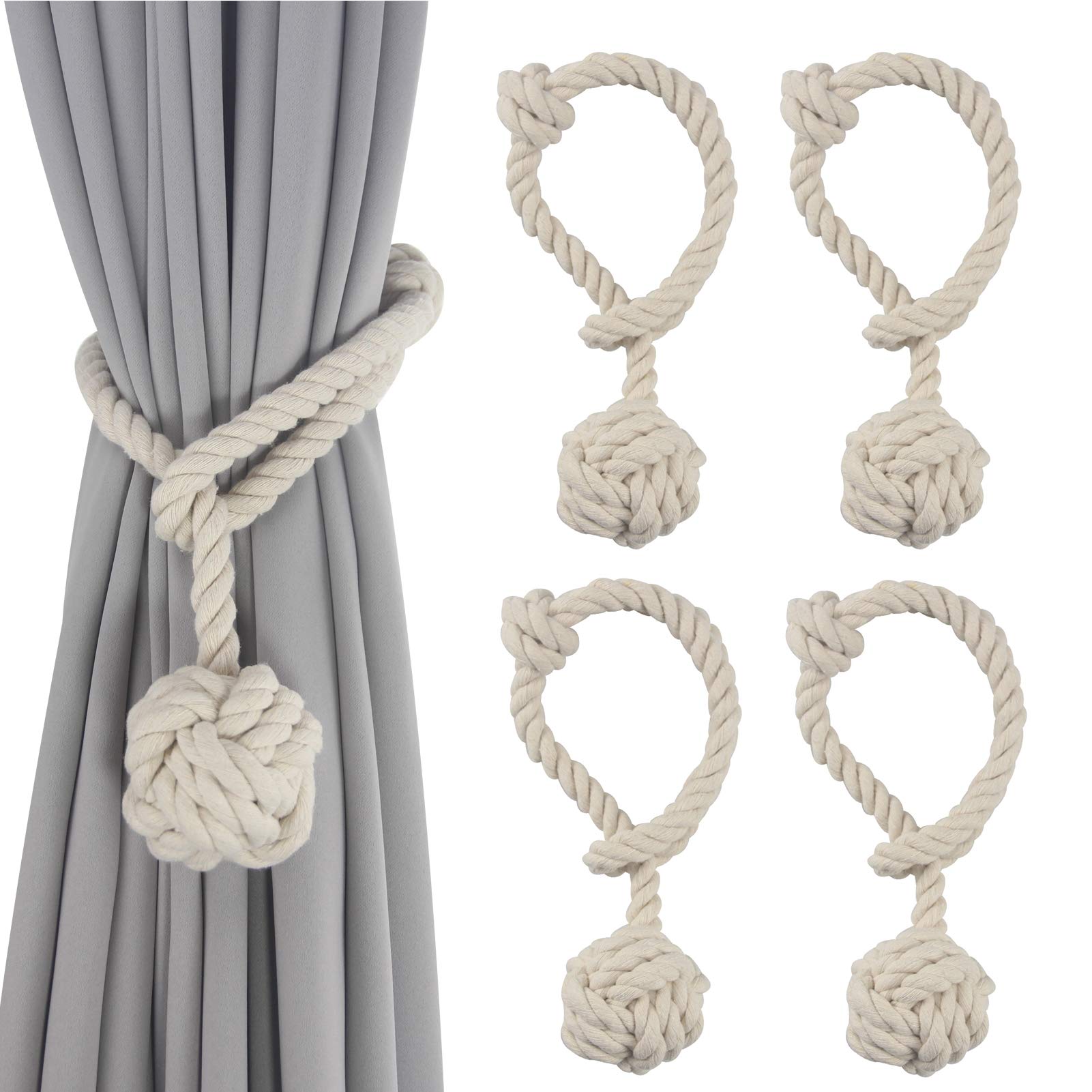 Lot de 4 embrasses à rideaux en corde de coton faites à la main - Accessoires de décoration pour rideaux, salon, bureau, fenêtre - Aucun outil nécessaire - Beige