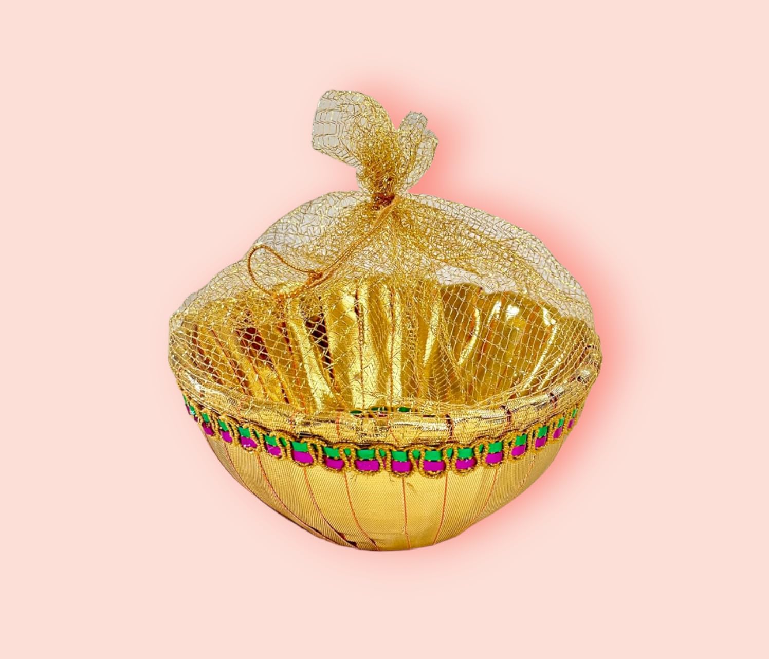 Handmade Decorated Gift Basket with Readymade Net Packing for Fancy Gift Wedding Packaging, Room Hampers, Fruit, Dry fruit, Confectionary, Birthday, Baby Shower(R- 8.5 * 8.5 inch, d- 3 inch, Gold)